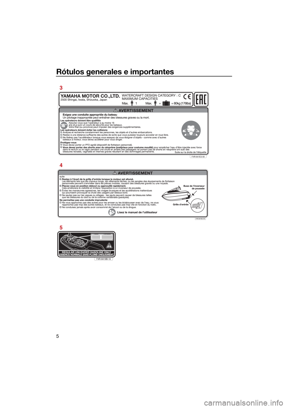 YAMAHA SUPERJET 2022 Manuale de Empleo (in Spanish) Rótulos generales e importantes
5
F4R-641E2-00
3
4
5
UF4R71S0.book Page 5 Monday, May 10, 2021 3:52 PM YAMAHA SUPERJET 2022 Manuale de Empleo (in Spanish) Rótulos generales e importantes
5
F4R-641E2-00
3
4
5
UF4R71S0.book Page 5 Monday, May 10, 2021 3:52 PM