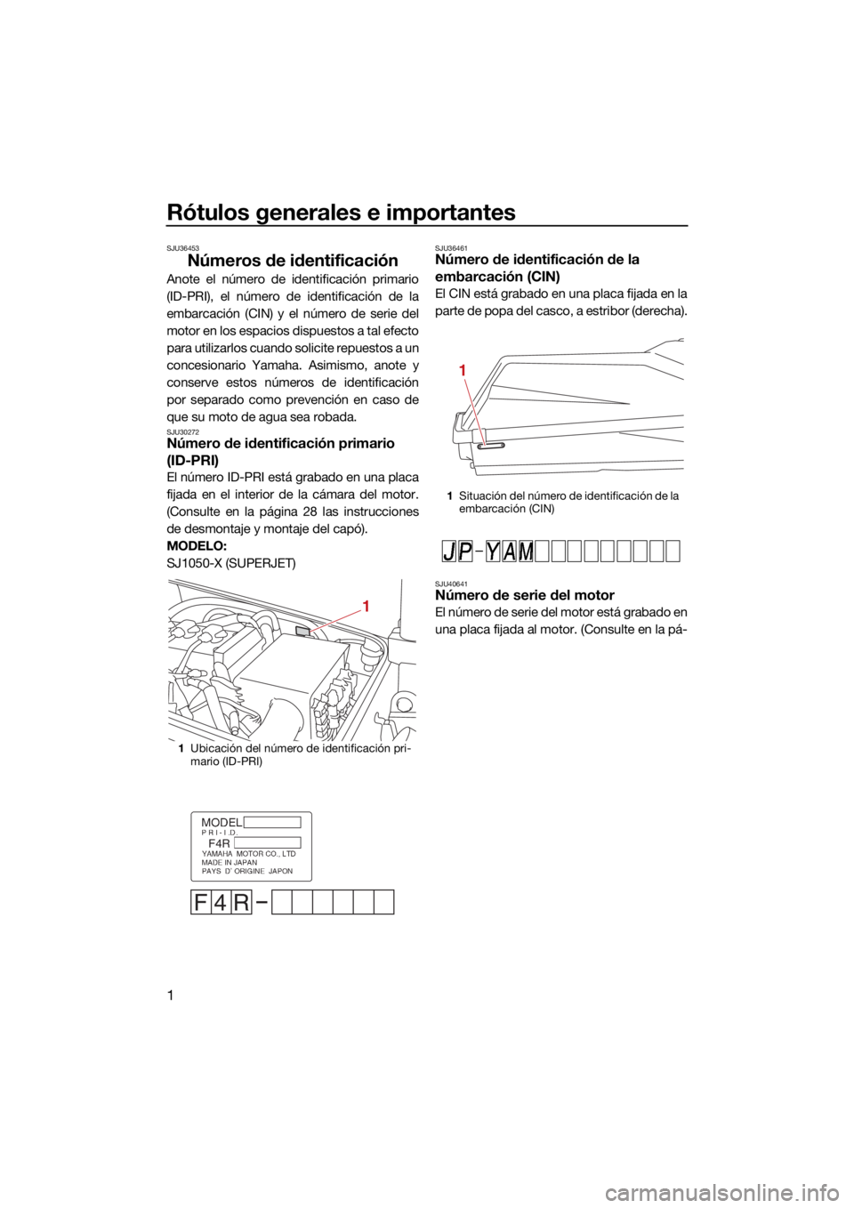 YAMAHA SUPERJET 2022 Manuale de Empleo (in Spanish) Rótulos generales e importantes
1
SJU36453
Números de identificación
Anote el número de identificación primario
(ID-PRI), el número de identificación de la
embarcación (CIN) y el número de se YAMAHA SUPERJET 2022 Manuale de Empleo (in Spanish) Rótulos generales e importantes
1
SJU36453
Números de identificación
Anote el número de identificación primario
(ID-PRI), el número de identificación de la
embarcación (CIN) y el número de se