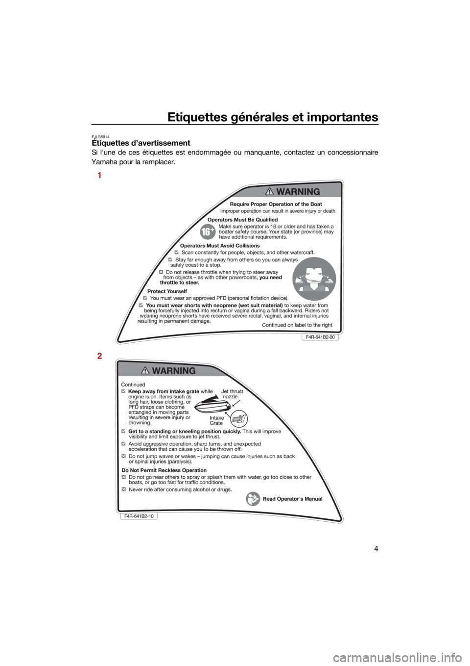 YAMAHA SUPERJET 2022 Notices Demploi (in French) Etiquettes générales et importantes
4
FJU35914Étiquettes d’avertissement
Si l’une de ces étiquettes est endommagée ou manquante, contactez un concessionnaire
Yamaha pour la remplacer.
1
2
UF4 YAMAHA SUPERJET 2022 Notices Demploi (in French) Etiquettes générales et importantes
4
FJU35914Étiquettes d’avertissement
Si l’une de ces étiquettes est endommagée ou manquante, contactez un concessionnaire
Yamaha pour la remplacer.
1
2
UF4