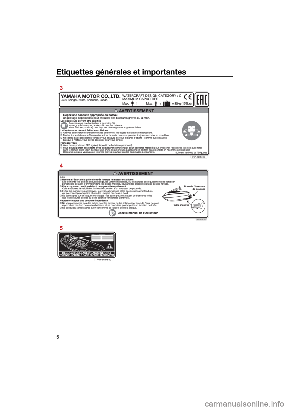 YAMAHA SUPERJET 2022 Notices Demploi (in French) Etiquettes générales et importantes
5
F4R-641E2-00
3
4
5
UF4R71F0.book Page 5 Monday, May 10, 2021 2:34 PM YAMAHA SUPERJET 2022 Notices Demploi (in French) Etiquettes générales et importantes
5
F4R-641E2-00
3
4
5
UF4R71F0.book Page 5 Monday, May 10, 2021 2:34 PM