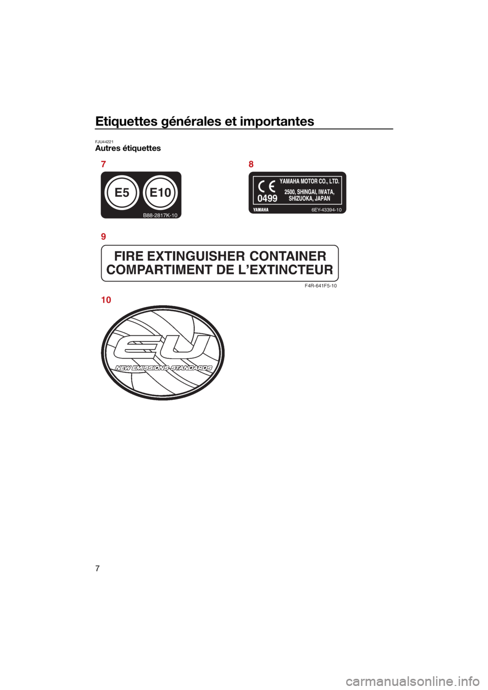 YAMAHA SUPERJET 2022 Notices Demploi (in French) Etiquettes générales et importantes
7
FJU44221Autres étiquettes
F4R-641F5-10
E5
B88-2817K-10
E10
6EY-43394-10
0499
78
9
10
UF4R71F0.book Page 7 Monday, May 10, 2021 2:34 PM YAMAHA SUPERJET 2022 Notices Demploi (in French) Etiquettes générales et importantes
7
FJU44221Autres étiquettes
F4R-641F5-10
E5
B88-2817K-10
E10
6EY-43394-10
0499
78
9
10
UF4R71F0.book Page 7 Monday, May 10, 2021 2:34 PM