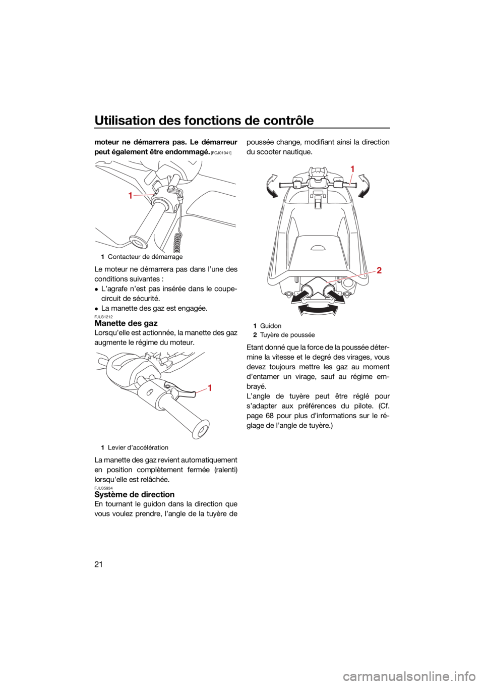 YAMAHA SUPERJET 2022  Notices Demploi (in French) Utilisation des fonctions de contrôle
21
moteur ne démarrera pas. Le démarreur
peut également être endommagé.
 [FCJ01041]
Le moteur ne démarrera pas dans l’une des
conditions suivantes :
L