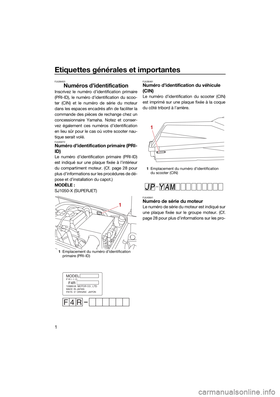 YAMAHA SUPERJET 2021  Notices Demploi (in French) Etiquettes générales et importantes
1
FJU36453
Numéros d’identification
Inscrivez le numéro d’identification primaire
(PRI-ID), le numéro d’identification du scoo-
ter (CIN) et le numéro d