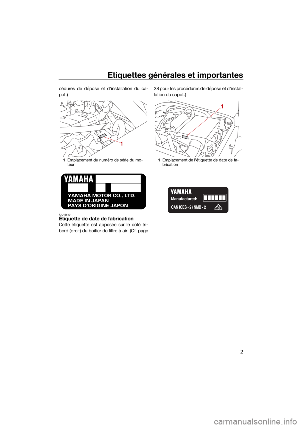 YAMAHA SUPERJET 2022  Notices Demploi (in French) Etiquettes générales et importantes
2
cédures de dépose et d’installation du ca-
pot.)
FJU45540Étiquette de date de fabrication
Cette étiquette est apposée sur le côté tri-
bord (droit) du 