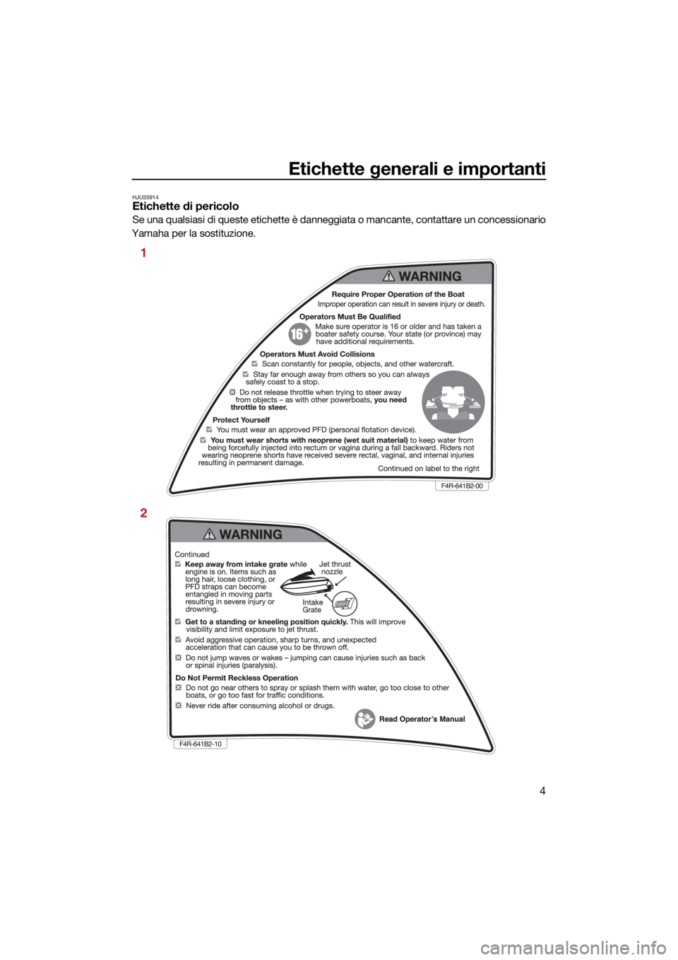 YAMAHA SUPERJET 2021 Manuale duso (in Italian) Etichette generali e importanti
4
HJU35914Etichette di pericolo
Se una qualsiasi di queste etichette è danneggiata o mancante, contattare un concessionario
Yamaha per la sostituzione.
1
2
UF4R71H0.bo YAMAHA SUPERJET 2021 Manuale duso (in Italian) Etichette generali e importanti
4
HJU35914Etichette di pericolo
Se una qualsiasi di queste etichette è danneggiata o mancante, contattare un concessionario
Yamaha per la sostituzione.
1
2
UF4R71H0.bo