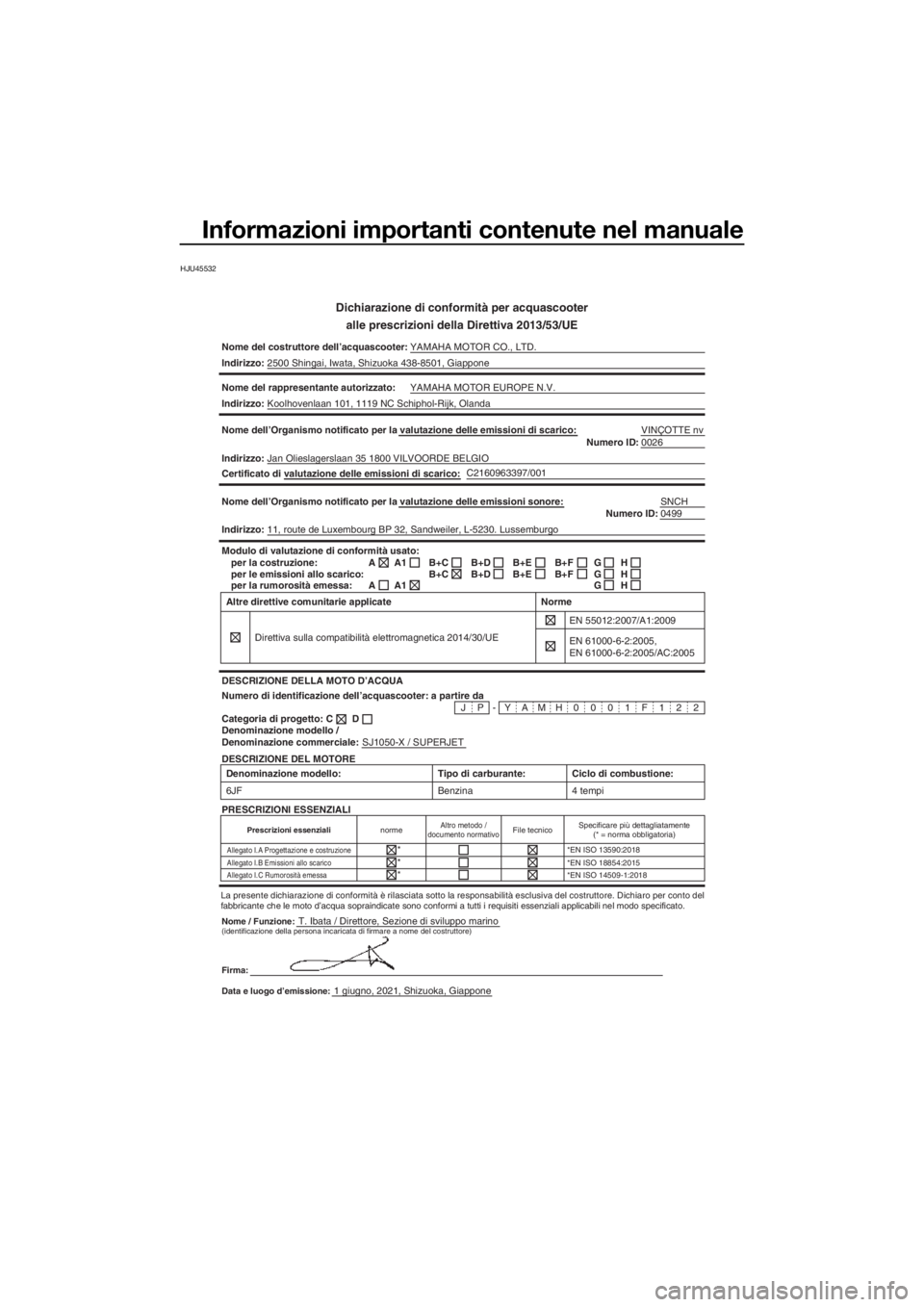 YAMAHA SUPERJET 2021 Manuale duso (in Italian) Informazioni importanti contenute nel manuale
HJU45532
Dichiarazione di conformità per acquascooteralle prescrizioni della Direttiva 2013/53/UE
Nome del costruttore dell’acquascooter: YAMAHA MOTOR YAMAHA SUPERJET 2021 Manuale duso (in Italian) Informazioni importanti contenute nel manuale
HJU45532
Dichiarazione di conformità per acquascooteralle prescrizioni della Direttiva 2013/53/UE
Nome del costruttore dell’acquascooter: YAMAHA MOTOR