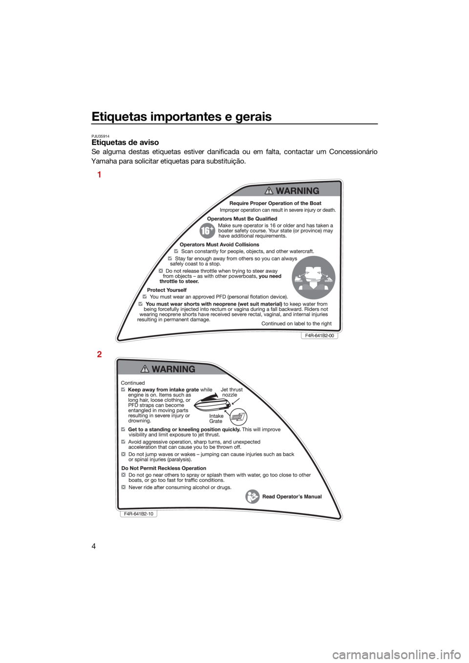 YAMAHA SUPERJET 2021 Manual de utilização (in Portuguese) Etiquetas importantes e gerais
4
PJU35914Etiquetas de aviso
Se alguma destas etiquetas estiver danificada ou em falta, contactar um Concessionário
Yamaha para solicitar etiquetas para substituição. YAMAHA SUPERJET 2021 Manual de utilização (in Portuguese) Etiquetas importantes e gerais
4
PJU35914Etiquetas de aviso
Se alguma destas etiquetas estiver danificada ou em falta, contactar um Concessionário
Yamaha para solicitar etiquetas para substituição.