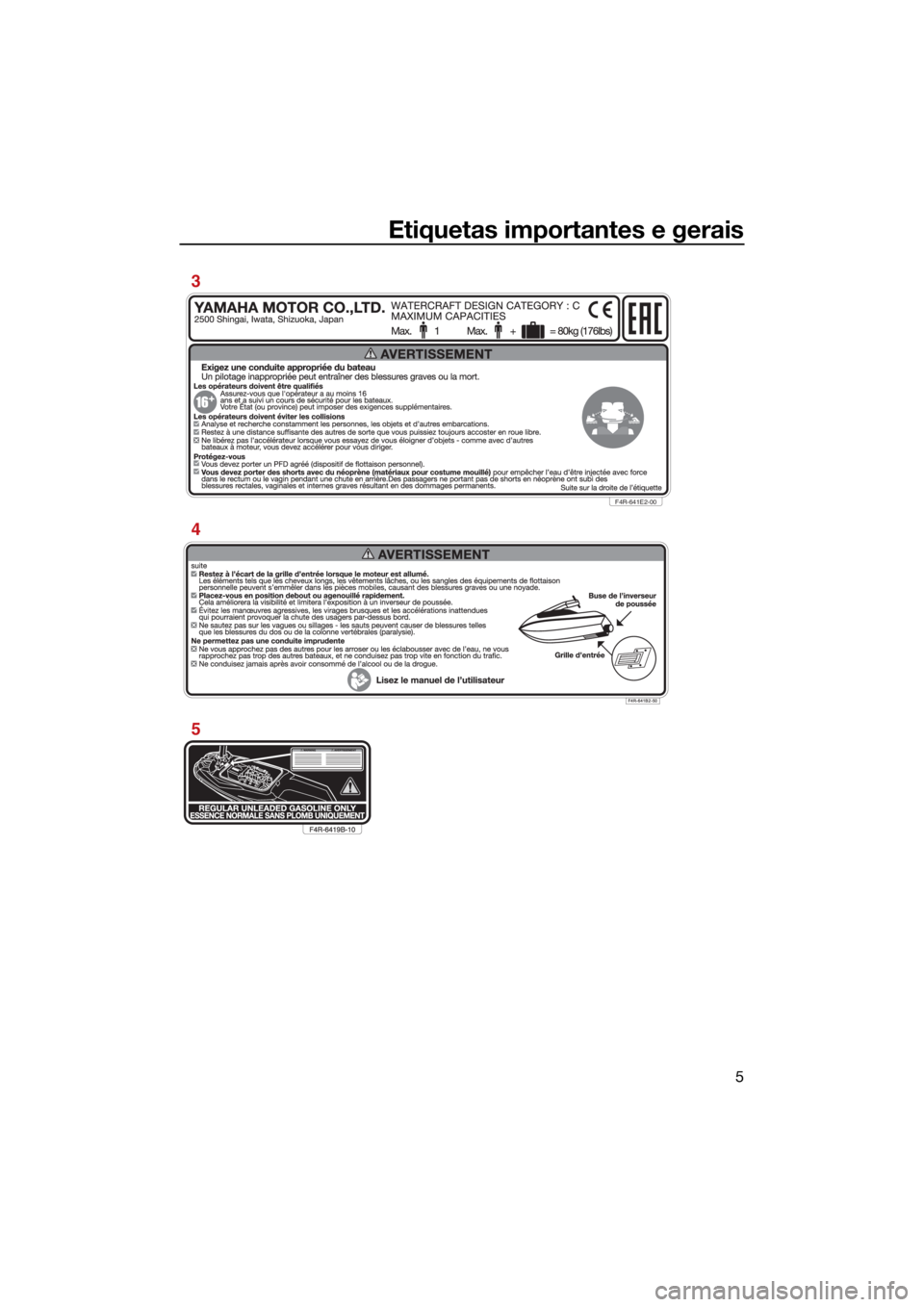 YAMAHA SUPERJET 2021 Manual de utilização (in Portuguese) Etiquetas importantes e gerais
5
F4R-641E2-00
3
4
5
UF4R71P0.book Page 5 Monday, May 10, 2021 3:33 PM YAMAHA SUPERJET 2021 Manual de utilização (in Portuguese) Etiquetas importantes e gerais
5
F4R-641E2-00
3
4
5
UF4R71P0.book Page 5 Monday, May 10, 2021 3:33 PM