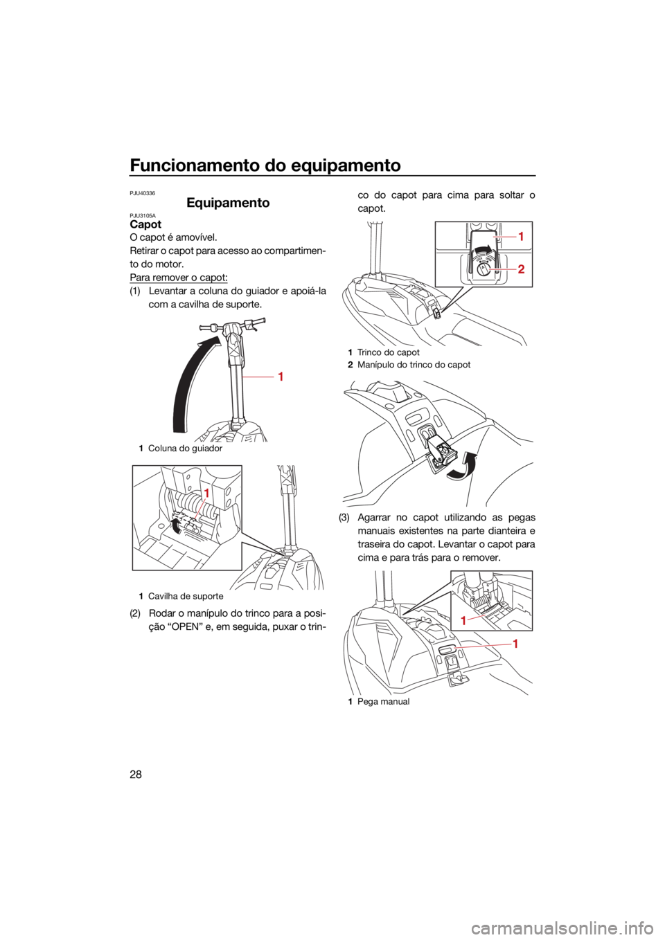 YAMAHA SUPERJET 2021 Manual de utilização (in Portuguese) Funcionamento do equipamento
28
PJU40336
EquipamentoPJU3105ACapot
O capot é amovível.
Retirar o capot para acesso ao compartimen-
to do motor.
Para remover o capot:
(1) Levantar a coluna do guiador YAMAHA SUPERJET 2021 Manual de utilização (in Portuguese) Funcionamento do equipamento
28
PJU40336
EquipamentoPJU3105ACapot
O capot é amovível.
Retirar o capot para acesso ao compartimen-
to do motor.
Para remover o capot:
(1) Levantar a coluna do guiador