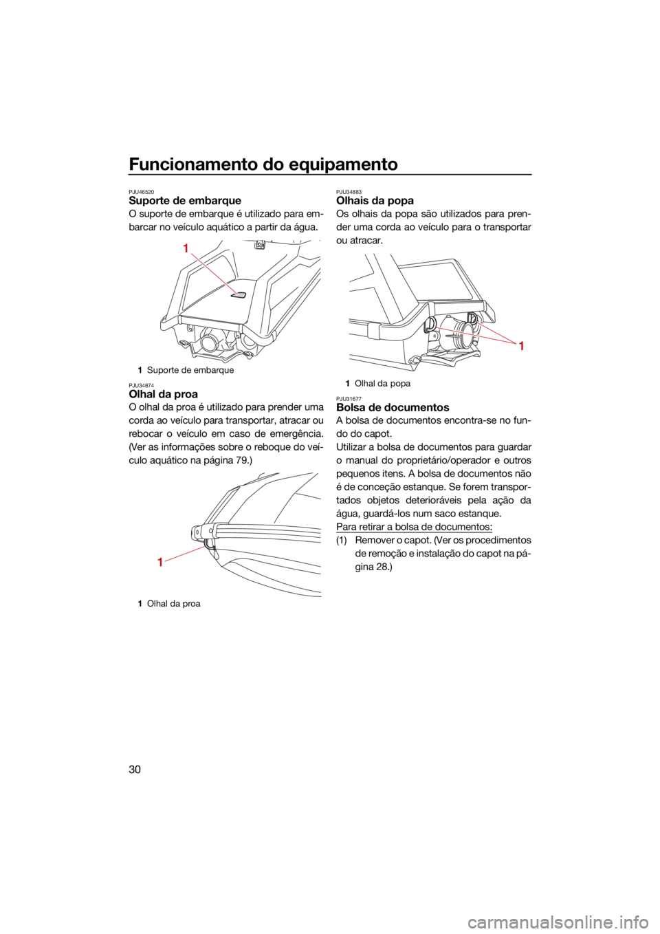 YAMAHA SUPERJET 2021 Manual de utilização (in Portuguese) Funcionamento do equipamento
30
PJU46520Suporte de embarque
O suporte de embarque é utilizado para em-
barcar no veículo aquático a partir da água.
PJU34874Olhal da proa
O olhal da proa é utiliza YAMAHA SUPERJET 2021 Manual de utilização (in Portuguese) Funcionamento do equipamento
30
PJU46520Suporte de embarque
O suporte de embarque é utilizado para em-
barcar no veículo aquático a partir da água.
PJU34874Olhal da proa
O olhal da proa é utiliza