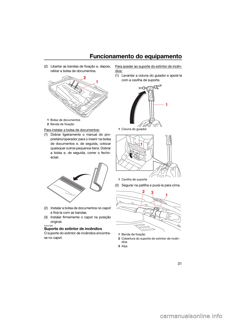 YAMAHA SUPERJET 2022  Manual de utilização (in Portuguese) Funcionamento do equipamento
31
(2) Libertar as bandas de fixação e, depois,retirar a bolsa de documentos.
Para instalar a bolsa de documentos:
(1) Dobrar ligeiramente o manual do pro- prietário/op