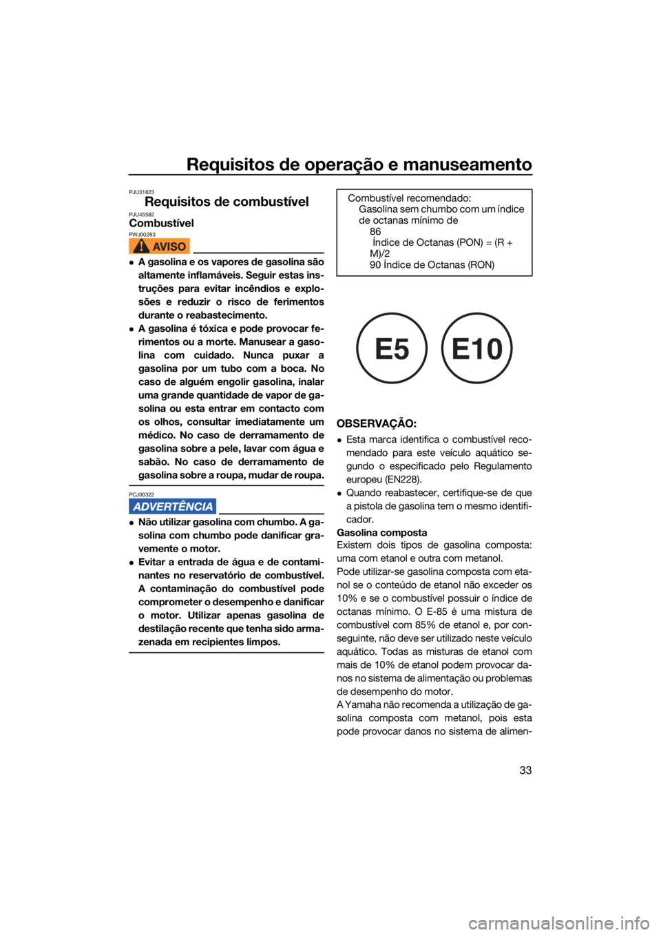 YAMAHA SUPERJET 2022  Manual de utilização (in Portuguese) Requisitos de operação e manuseamento
33
PJU31823
Requisitos de combustívelPJU45582CombustívelPWJ00283
A gasolina e os vapores de gasolina são
altamente inflamáveis. Seguir estas ins-
truçõ