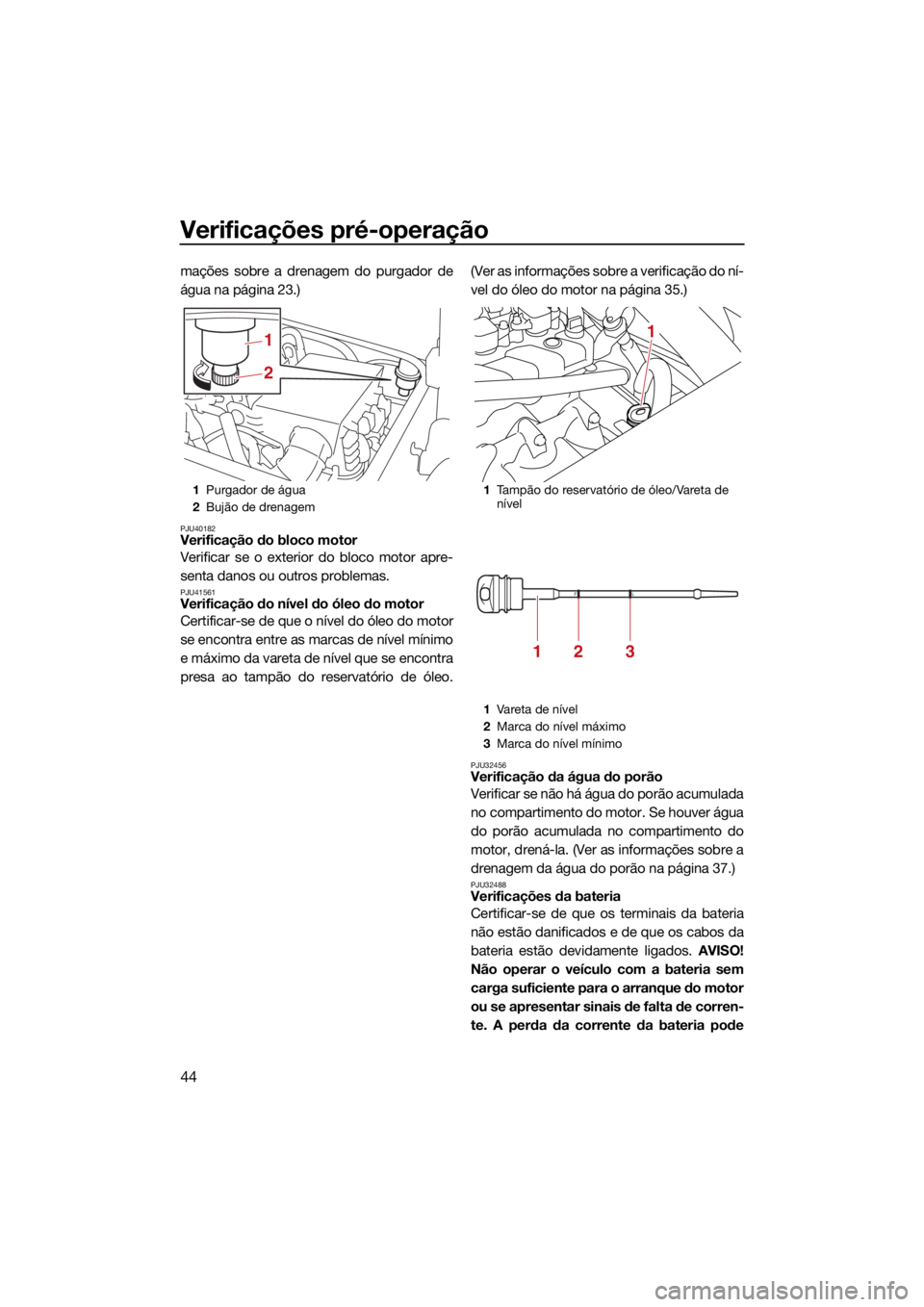 YAMAHA SUPERJET 2021 Manual de utilização (in Portuguese) Verificações pré-operação
44
mações sobre a drenagem do purgador de
água na página 23.)
PJU40182Verificação do bloco motor
Verificar se o exterior do bloco motor apre-
senta danos ou outros YAMAHA SUPERJET 2021 Manual de utilização (in Portuguese) Verificações pré-operação
44
mações sobre a drenagem do purgador de
água na página 23.)
PJU40182Verificação do bloco motor
Verificar se o exterior do bloco motor apre-
senta danos ou outros