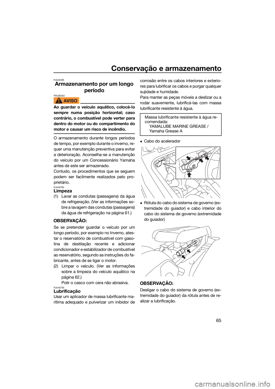 YAMAHA SUPERJET 2022 Manual de utilização (in Portuguese) Conservação e armazenamento
65
PJU33495
Armazenamento por um longo período
PWJ00332
Ao guardar o veículo aquático, colocá-lo
sempre numa posição horizontal; caso
contrário, o combustível pod YAMAHA SUPERJET 2022 Manual de utilização (in Portuguese) Conservação e armazenamento
65
PJU33495
Armazenamento por um longo período
PWJ00332
Ao guardar o veículo aquático, colocá-lo
sempre numa posição horizontal; caso
contrário, o combustível pod