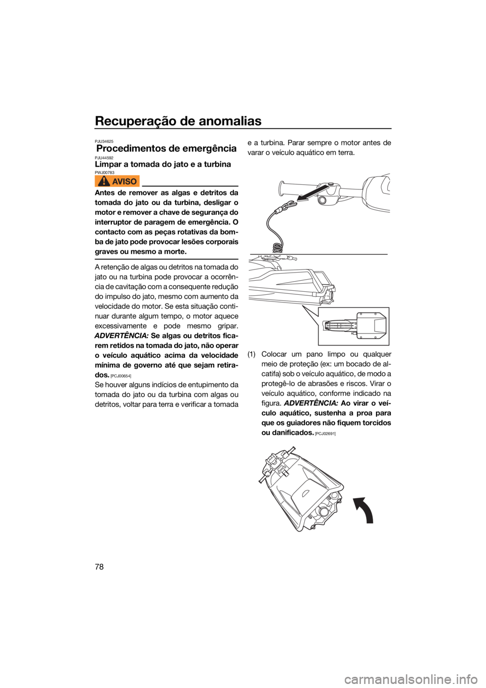 YAMAHA SUPERJET 2021 Manual de utilização (in Portuguese) Recuperação de anomalias
78
PJU34625
Procedimentos de emergênciaPJU44592Limpar a tomada do jato e a turbinaPWJ00783
Antes de remover as algas e detritos da
tomada do jato ou da turbina, desligar o
YAMAHA SUPERJET 2021 Manual de utilização (in Portuguese) Recuperação de anomalias
78
PJU34625
Procedimentos de emergênciaPJU44592Limpar a tomada do jato e a turbinaPWJ00783
Antes de remover as algas e detritos da
tomada do jato ou da turbina, desligar o