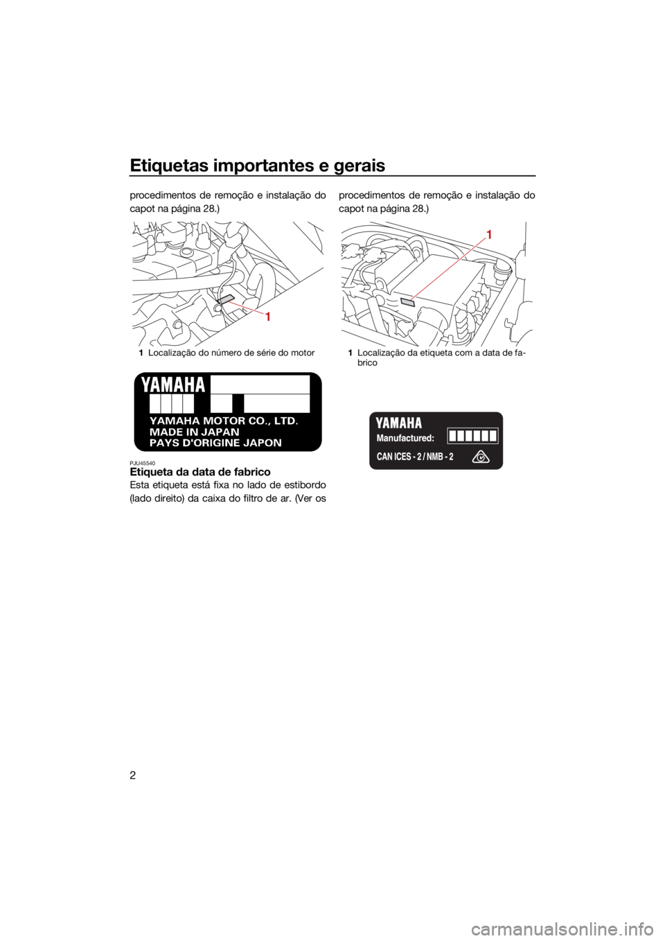 YAMAHA SUPERJET 2021 Manual de utilização (in Portuguese) Etiquetas importantes e gerais
2
procedimentos de remoção e instalação do
capot na página 28.)
PJU45540Etiqueta da data de fabrico
Esta etiqueta está fixa no lado de estibordo
(lado direito) da YAMAHA SUPERJET 2021 Manual de utilização (in Portuguese) Etiquetas importantes e gerais
2
procedimentos de remoção e instalação do
capot na página 28.)
PJU45540Etiqueta da data de fabrico
Esta etiqueta está fixa no lado de estibordo
(lado direito) da