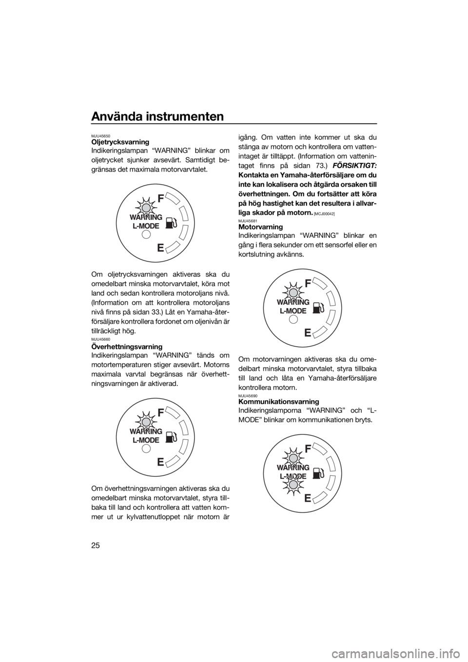 YAMAHA SUPERJET 2022  Bruksanvisningar (in Swedish) Använda instrumenten
25
MJU45650Oljetrycksvarning
Indikeringslampan “WARNING” blinkar om
oljetrycket sjunker avsevärt. Samtidigt be-
gränsas det maximala motorvarvtalet.
Om oljetrycksvarningen 
