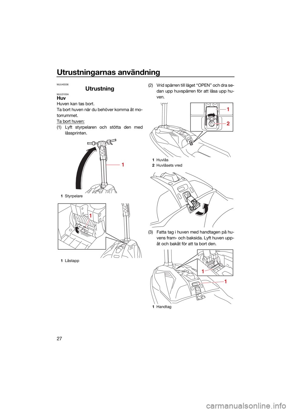 YAMAHA SUPERJET 2022  Bruksanvisningar (in Swedish) Utrustningarnas användning
27
MJU40336
UtrustningMJU3105AHuv
Huven kan tas bort.
Ta bort huven när du behöver komma åt mo-
torrummet.
Ta bort huven:
(1) Lyft styrpelaren och stötta den medlåsspr