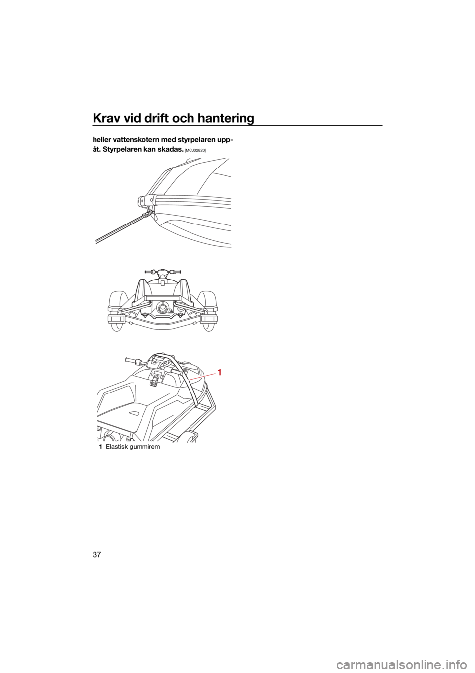 YAMAHA SUPERJET 2021  Bruksanvisningar (in Swedish) Krav vid drift och hantering
37
heller vattenskotern med styrpelaren upp-
åt. Styrpelaren kan skadas.
 [MCJ02820]
1Elastisk gummirem
1
UF4R71M0.book  Page 37  Monday, May 10, 2021  3:16 PM 