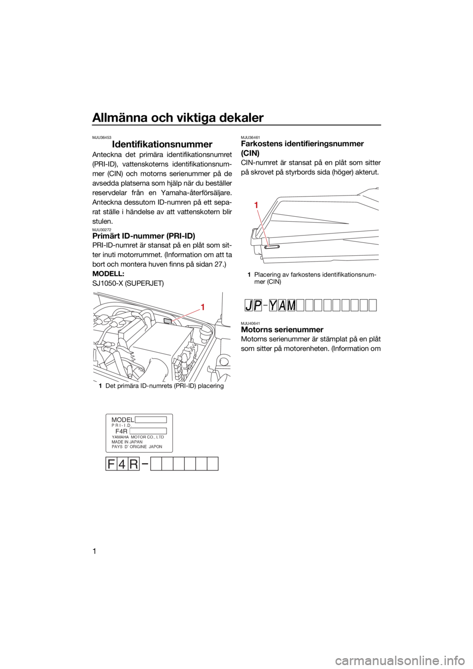 YAMAHA SUPERJET 2021 Bruksanvisningar (in Swedish) Allmänna och viktiga dekaler
1
MJU36453
Identifikationsnummer
Anteckna det primära identifikationsnumret
(PRI-ID), vattenskoterns identifikationsnum-
mer (CIN) och motorns serienummer på de
avsedda YAMAHA SUPERJET 2021 Bruksanvisningar (in Swedish) Allmänna och viktiga dekaler
1
MJU36453
Identifikationsnummer
Anteckna det primära identifikationsnumret
(PRI-ID), vattenskoterns identifikationsnum-
mer (CIN) och motorns serienummer på de
avsedda