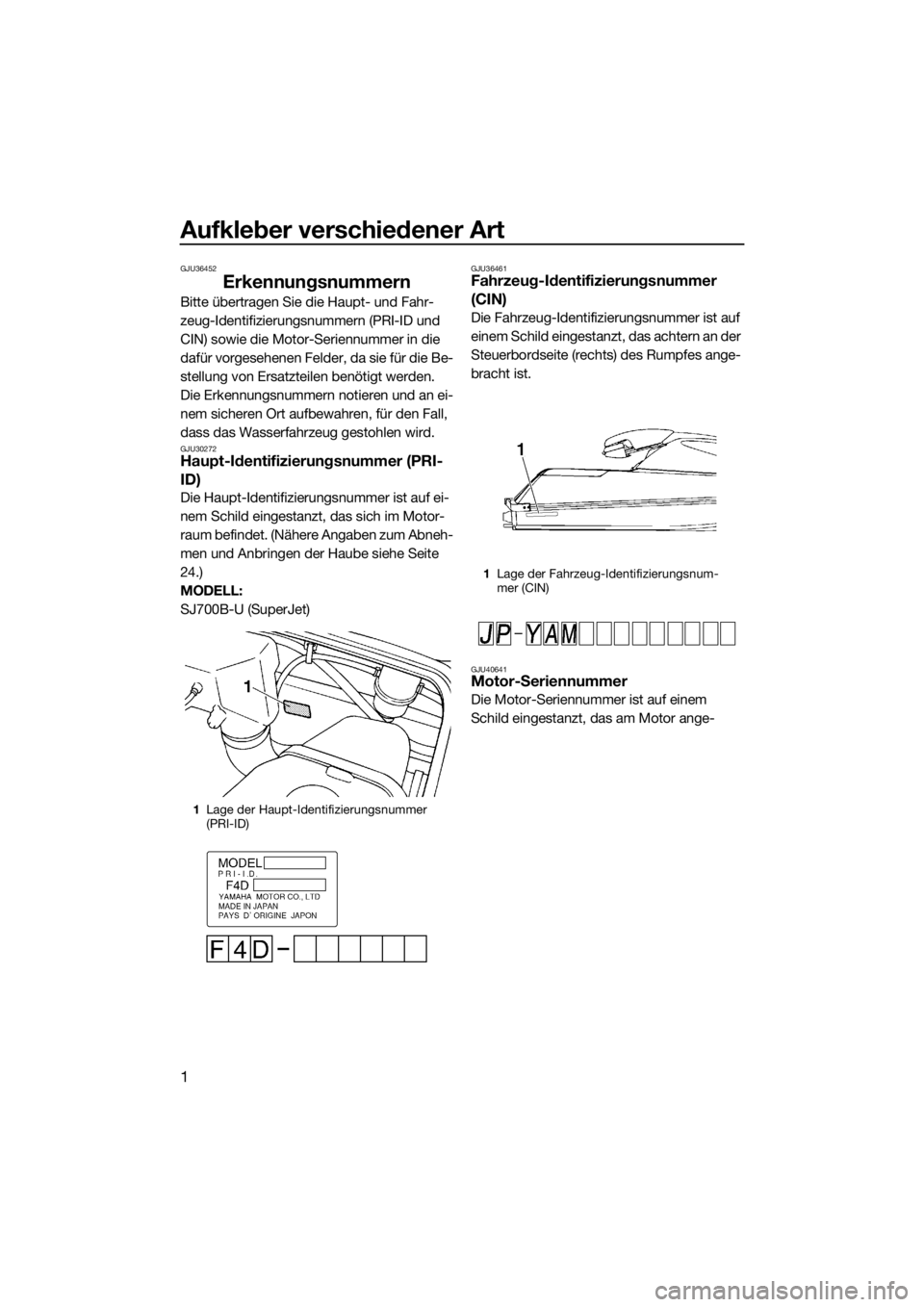 YAMAHA SUPERJET 2019 Betriebsanleitungen (in German) Aufkleber verschiedener Art
1
GJU36452
Erkennungsnummern
Bitte übertragen Sie die Haupt- und Fahr-
zeug-Identifizierungsnummern (PRI-ID und
CIN) sowie die Motor-Seriennummer in die
dafür vorgesehe YAMAHA SUPERJET 2019 Betriebsanleitungen (in German) Aufkleber verschiedener Art
1
GJU36452
Erkennungsnummern
Bitte übertragen Sie die Haupt- und Fahr-
zeug-Identifizierungsnummern (PRI-ID und
CIN) sowie die Motor-Seriennummer in die
dafür vorgesehe