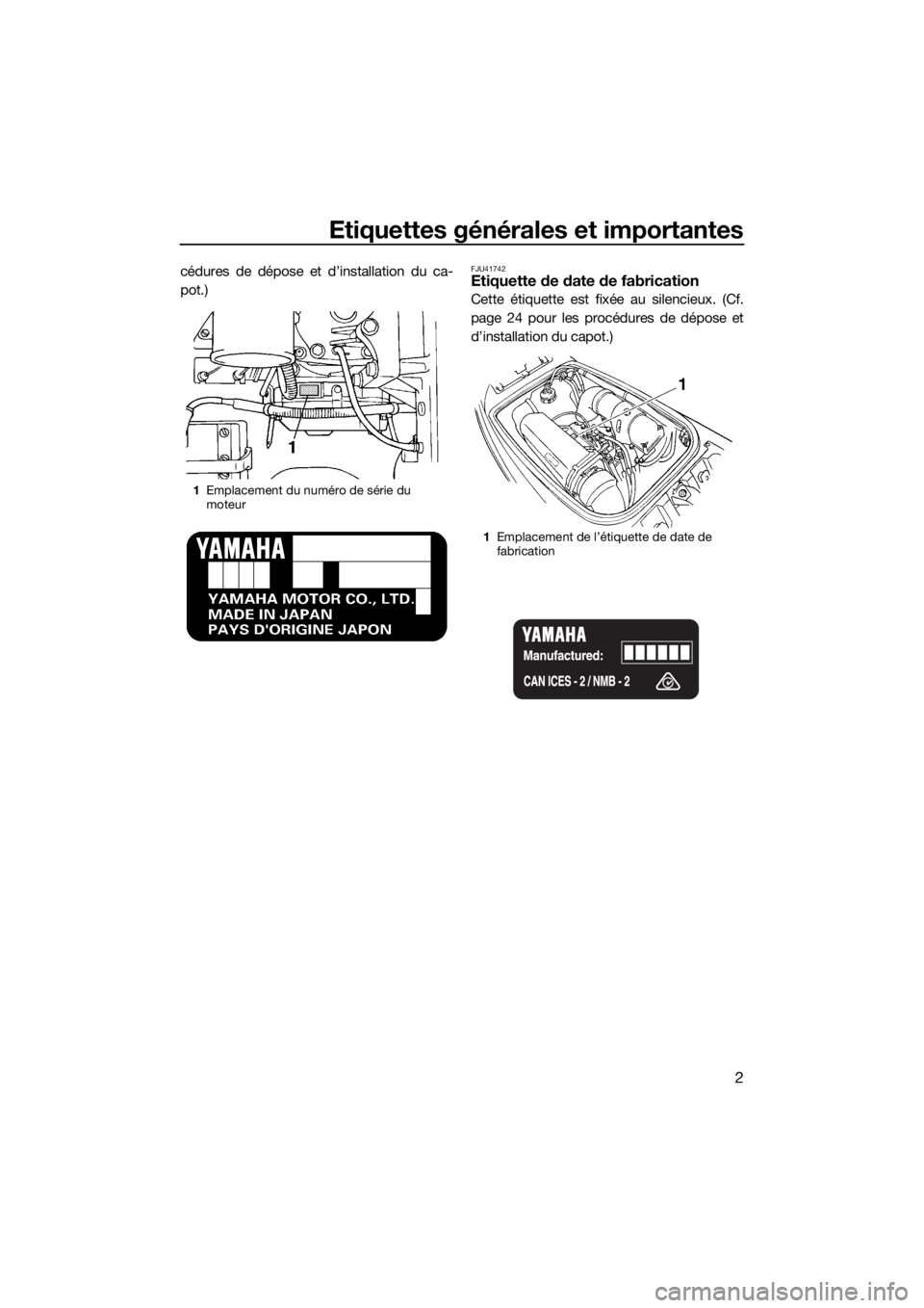 YAMAHA SUPERJET 2019  Notices Demploi (in French) Etiquettes générales et importantes
2
cédures de dépose et d’installation du ca-
pot.)FJU41742Etiquette de date de fabrication
Cette étiquette est fixée au silencieux. (Cf.
page 24 pour les pr