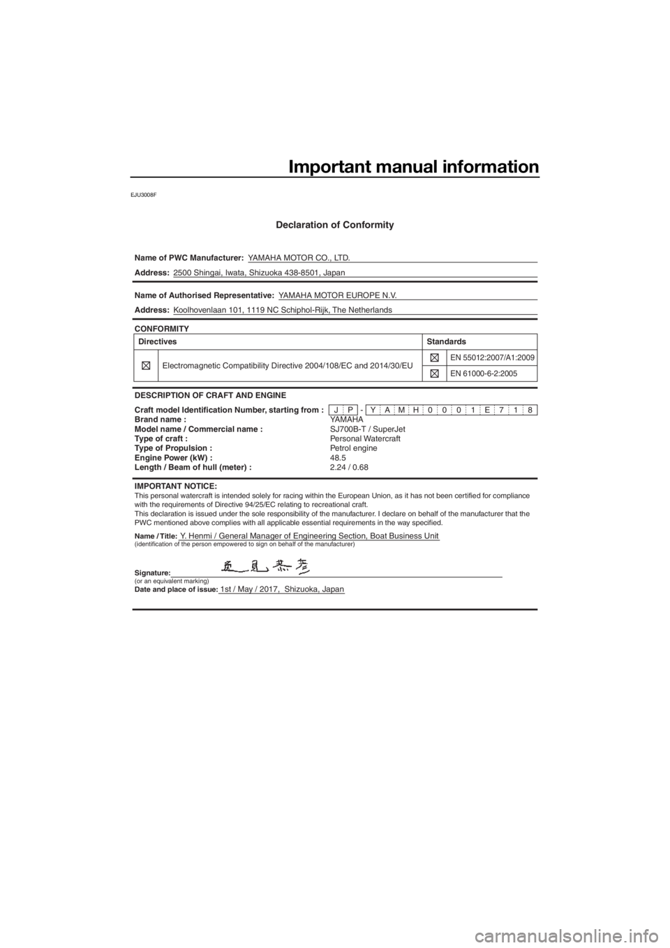 YAMAHA SUPERJET 2018 Owners Manual Important manual information
EJU3008F
Declaration of Conformity
Name of PWC Manufacturer:YAMAHA MOTOR CO., LTD.
Name / Title:Y. Henmi / General Manager of Engineering Section, Boat Business Unit Addre YAMAHA SUPERJET 2018 Owners Manual Important manual information
EJU3008F
Declaration of Conformity
Name of PWC Manufacturer:YAMAHA MOTOR CO., LTD.
Name / Title:Y. Henmi / General Manager of Engineering Section, Boat Business Unit Addre