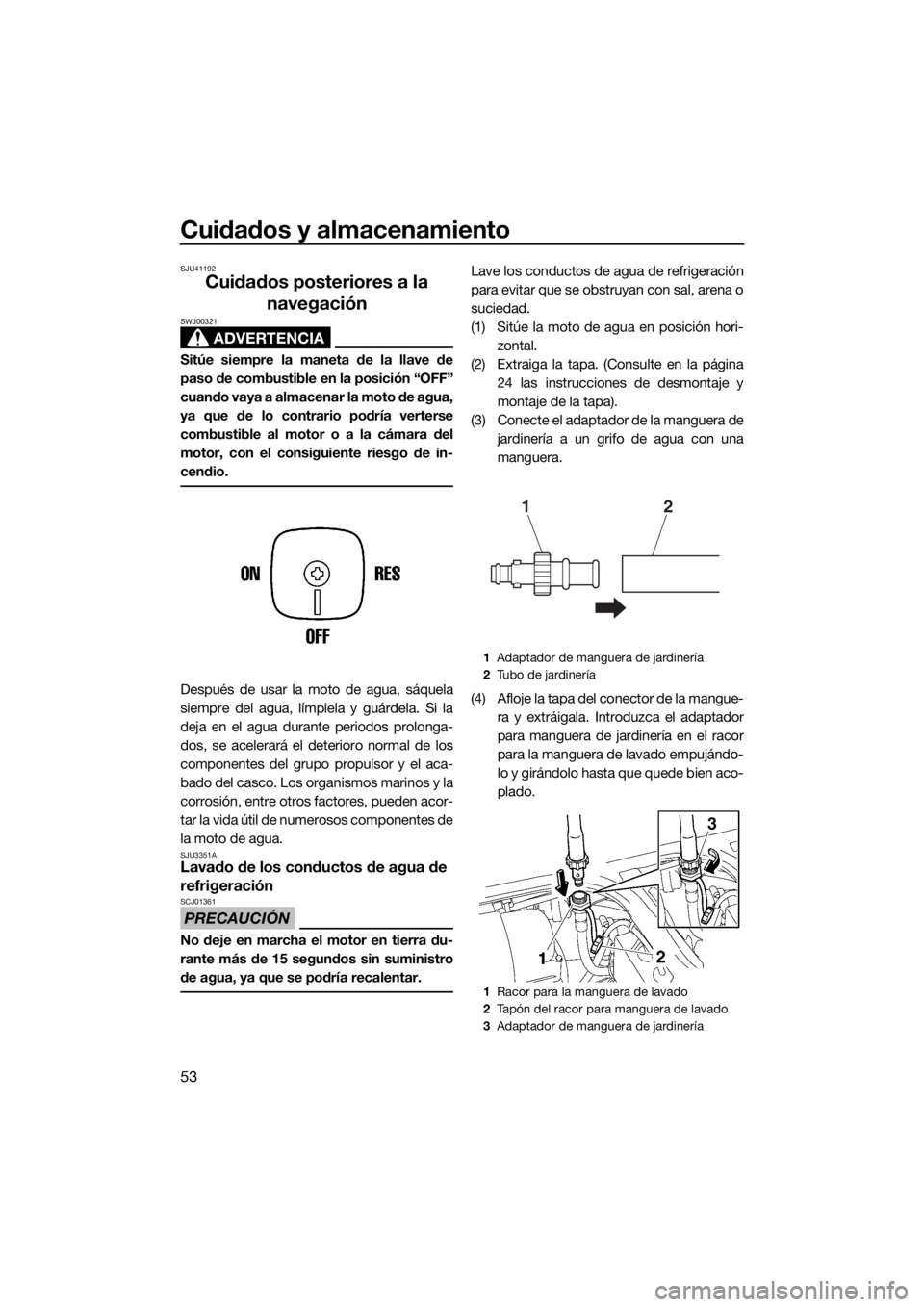 YAMAHA SUPERJET 2018 Manuale de Empleo (in Spanish) Cuidados y almacenamiento
53
SJU41192
Cuidados posteriores a la
navegación
ADVERTENCIA
SWJ00321
Sitúe siempre la maneta de la llave de
paso de combustible en la posición “OFF”
cuando vaya a al YAMAHA SUPERJET 2018 Manuale de Empleo (in Spanish) Cuidados y almacenamiento
53
SJU41192
Cuidados posteriores a la
navegación
ADVERTENCIA
SWJ00321
Sitúe siempre la maneta de la llave de
paso de combustible en la posición “OFF”
cuando vaya a al