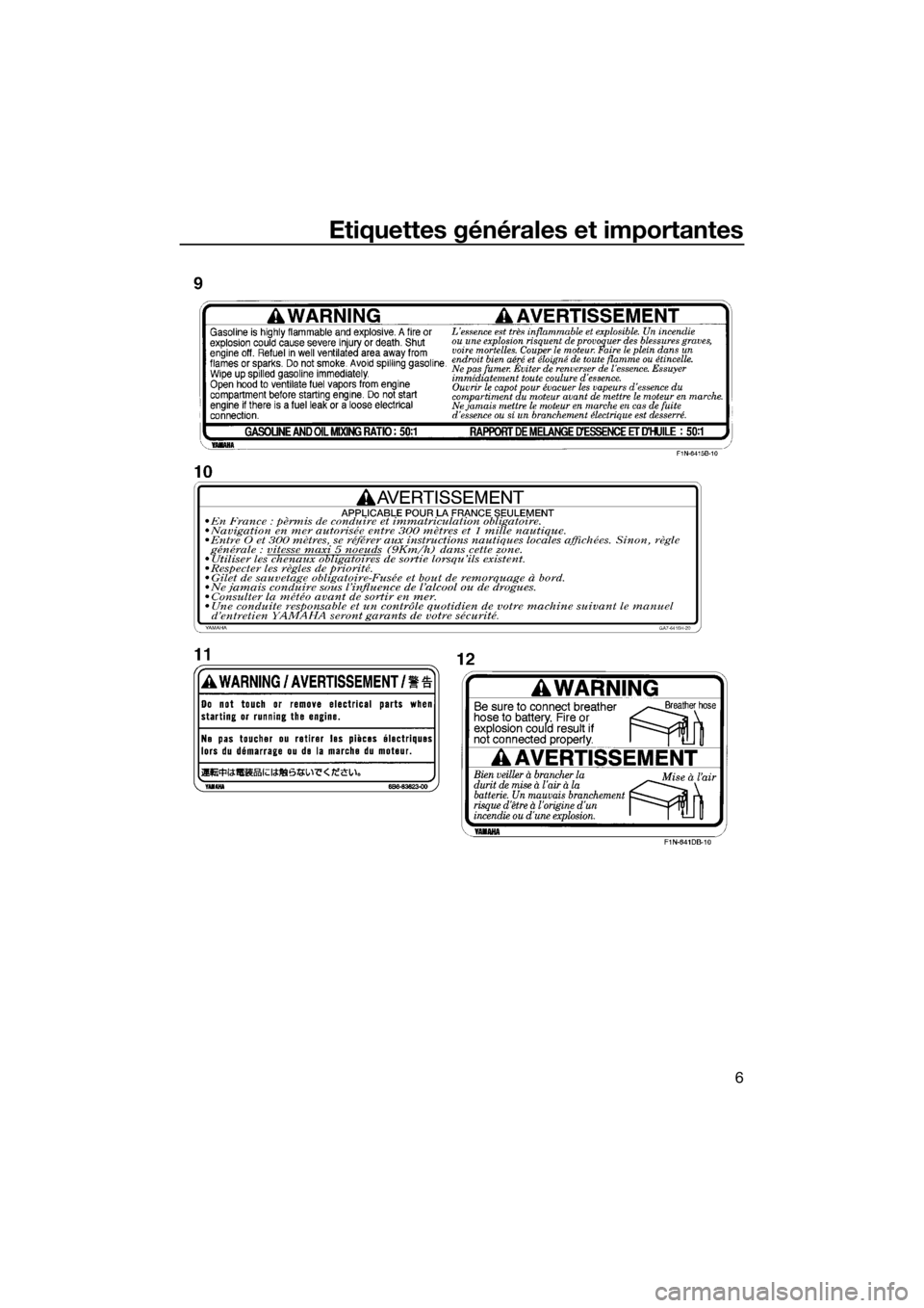 YAMAHA SUPERJET 2018 Notices Demploi (in French) Etiquettes générales et importantes
6
UF4D74F0.book Page 6 Monday, March 13, 2017 10:08 AM YAMAHA SUPERJET 2018 Notices Demploi (in French) Etiquettes générales et importantes
6
UF4D74F0.book Page 6 Monday, March 13, 2017 10:08 AM