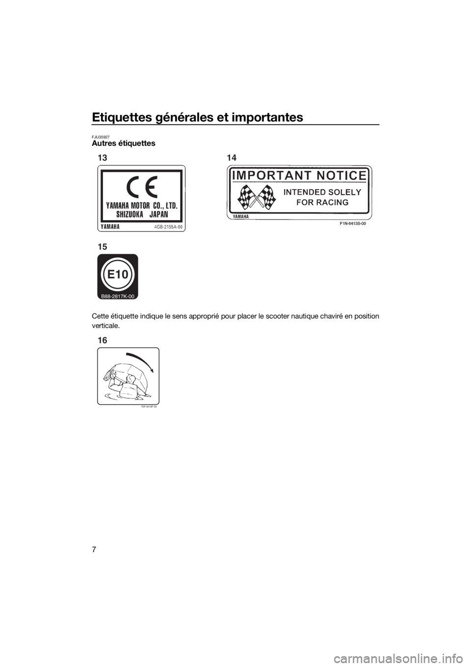 YAMAHA SUPERJET 2018 Notices Demploi (in French) Etiquettes générales et importantes
7
FJU35927Autres étiquettes
Cette étiquette indique le sens approprié pour placer le scooter nautique chaviré en position
verticale.
E10
B88-2817K-00
13
1514
YAMAHA SUPERJET 2018 Notices Demploi (in French) Etiquettes générales et importantes
7
FJU35927Autres étiquettes
Cette étiquette indique le sens approprié pour placer le scooter nautique chaviré en position
verticale.
E10
B88-2817K-00
13
1514