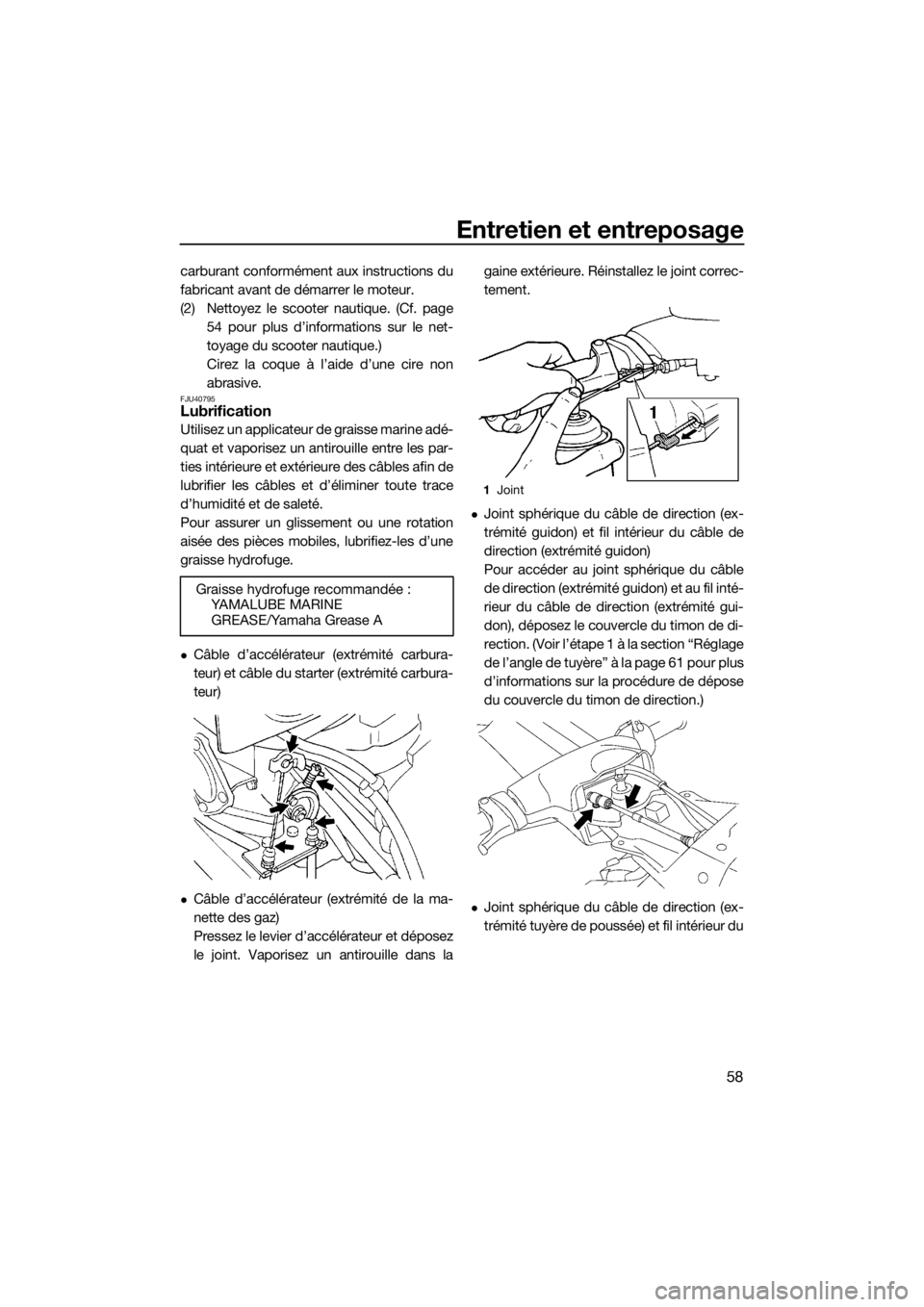 YAMAHA SUPERJET 2018 Notices Demploi (in French) Entretien et entreposage
58
carburant conformément aux instructions du
fabricant avant de démarrer le moteur.
(2) Nettoyez le scooter nautique. (Cf. page
54 pour plus d’informations sur le net-
to YAMAHA SUPERJET 2018 Notices Demploi (in French) Entretien et entreposage
58
carburant conformément aux instructions du
fabricant avant de démarrer le moteur.
(2) Nettoyez le scooter nautique. (Cf. page
54 pour plus d’informations sur le net-
to