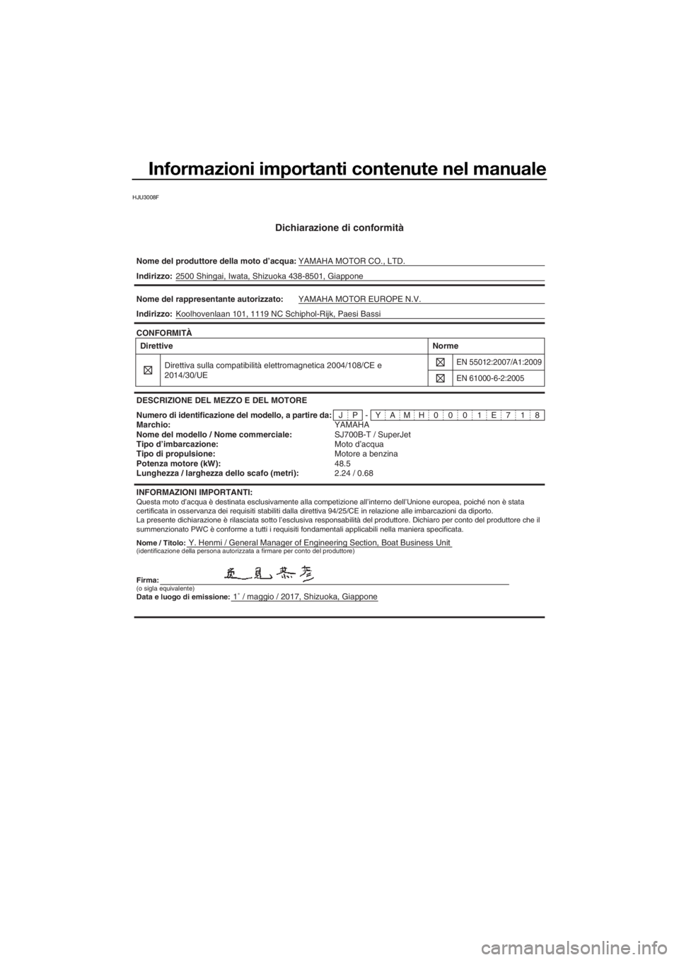 YAMAHA SUPERJET 2018  Manuale duso (in Italian) Informazioni importanti contenute nel manuale
HJU3008F
Dichiarazione di conformità
Nome del produttore della moto d’acqua:YAMAHA MOTOR CO., LTD.
Nome / Titolo:Y. Henmi / General Manager of Engineer