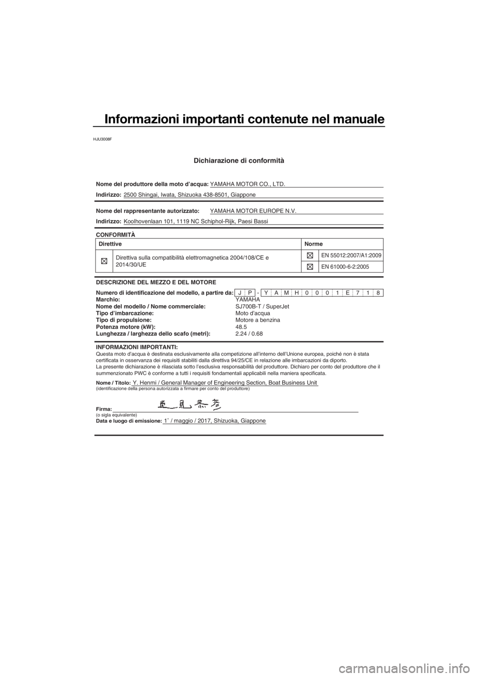 YAMAHA SUPERJET 2018 Manuale duso (in Italian) Informazioni importanti contenute nel manuale
HJU3008F
Dichiarazione di conformità
Nome del produttore della moto d’acqua:YAMAHA MOTOR CO., LTD.
Nome / Titolo:Y. Henmi / General Manager of Engineer YAMAHA SUPERJET 2018 Manuale duso (in Italian) Informazioni importanti contenute nel manuale
HJU3008F
Dichiarazione di conformità
Nome del produttore della moto d’acqua:YAMAHA MOTOR CO., LTD.
Nome / Titolo:Y. Henmi / General Manager of Engineer