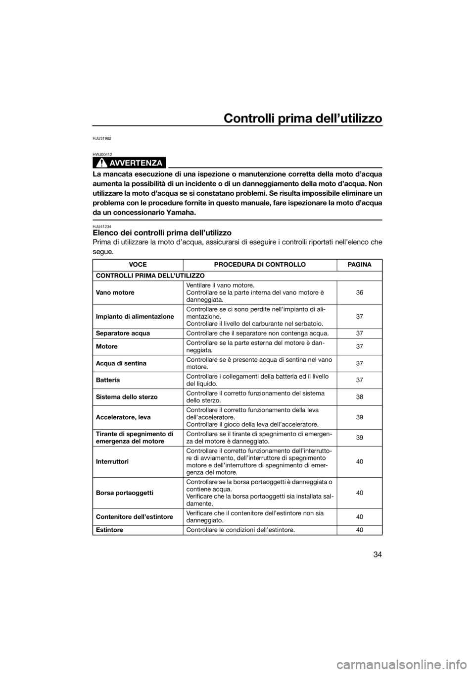 YAMAHA SUPERJET 2018 Manuale duso (in Italian) Controlli prima dell’utilizzo
34
HJU31982
AVVERTENZA
HWJ00412
La mancata esecuzione di una ispezione o manutenzione corretta della moto d’acqua
aumenta la possibilità di un incidente o di un dann YAMAHA SUPERJET 2018 Manuale duso (in Italian) Controlli prima dell’utilizzo
34
HJU31982
AVVERTENZA
HWJ00412
La mancata esecuzione di una ispezione o manutenzione corretta della moto d’acqua
aumenta la possibilità di un incidente o di un dann