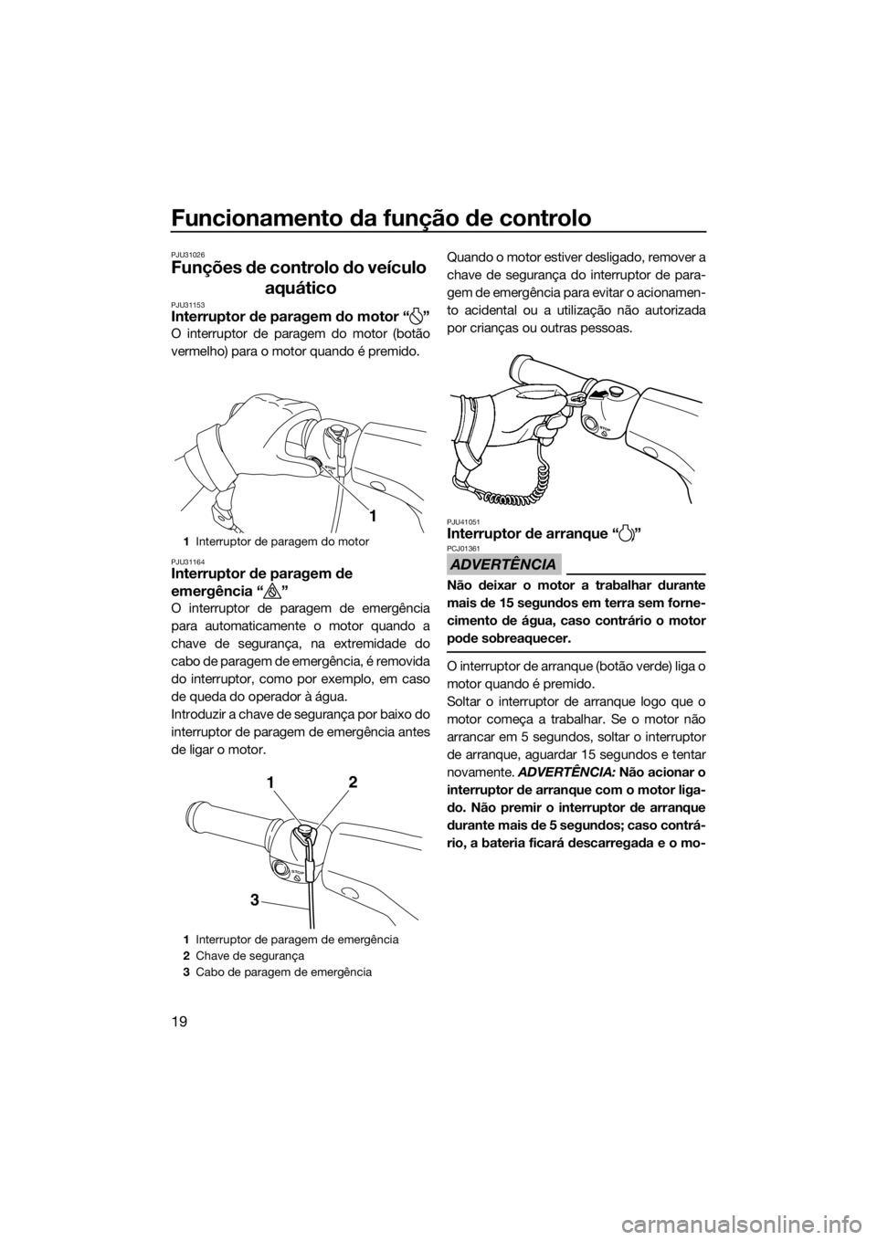 YAMAHA SUPERJET 2018 Manual de utilização (in Portuguese) Funcionamento da função de controlo
19
PJU31026
Funções de controlo do veículo
aquático
PJU31153Interruptor de paragem do motor “ ”
O interruptor de paragem do motor (botão
vermelho) para YAMAHA SUPERJET 2018 Manual de utilização (in Portuguese) Funcionamento da função de controlo
19
PJU31026
Funções de controlo do veículo
aquático
PJU31153Interruptor de paragem do motor “ ”
O interruptor de paragem do motor (botão
vermelho) para