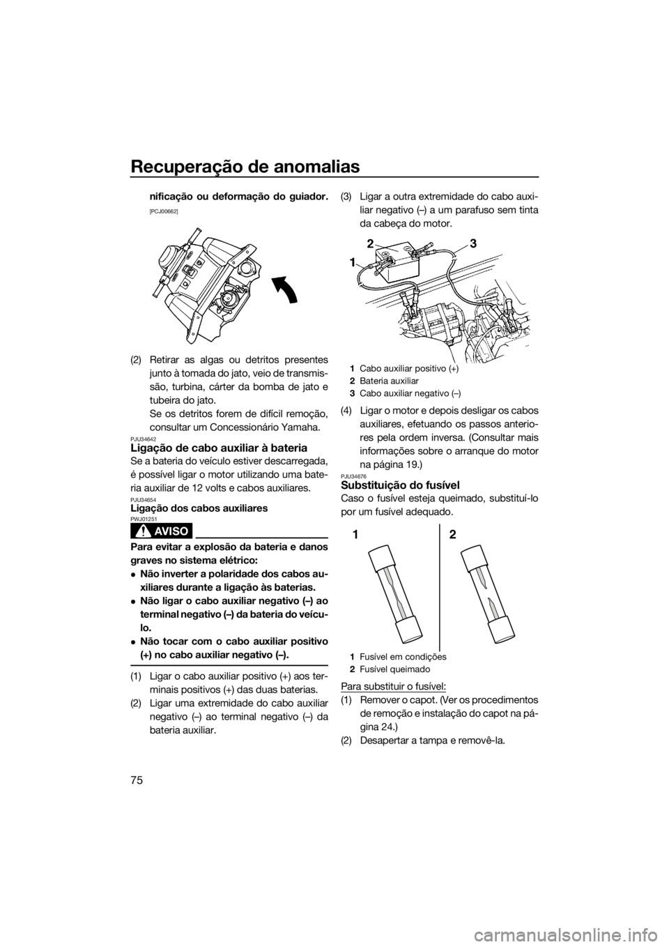 YAMAHA SUPERJET 2018  Manual de utilização (in Portuguese) Recuperação de anomalias
75
nificação ou deformação do guiador.
[PCJ00662]
(2) Retirar as algas ou detritos presentes
junto à tomada do jato, veio de transmis-
são, turbina, cárter da bomba d