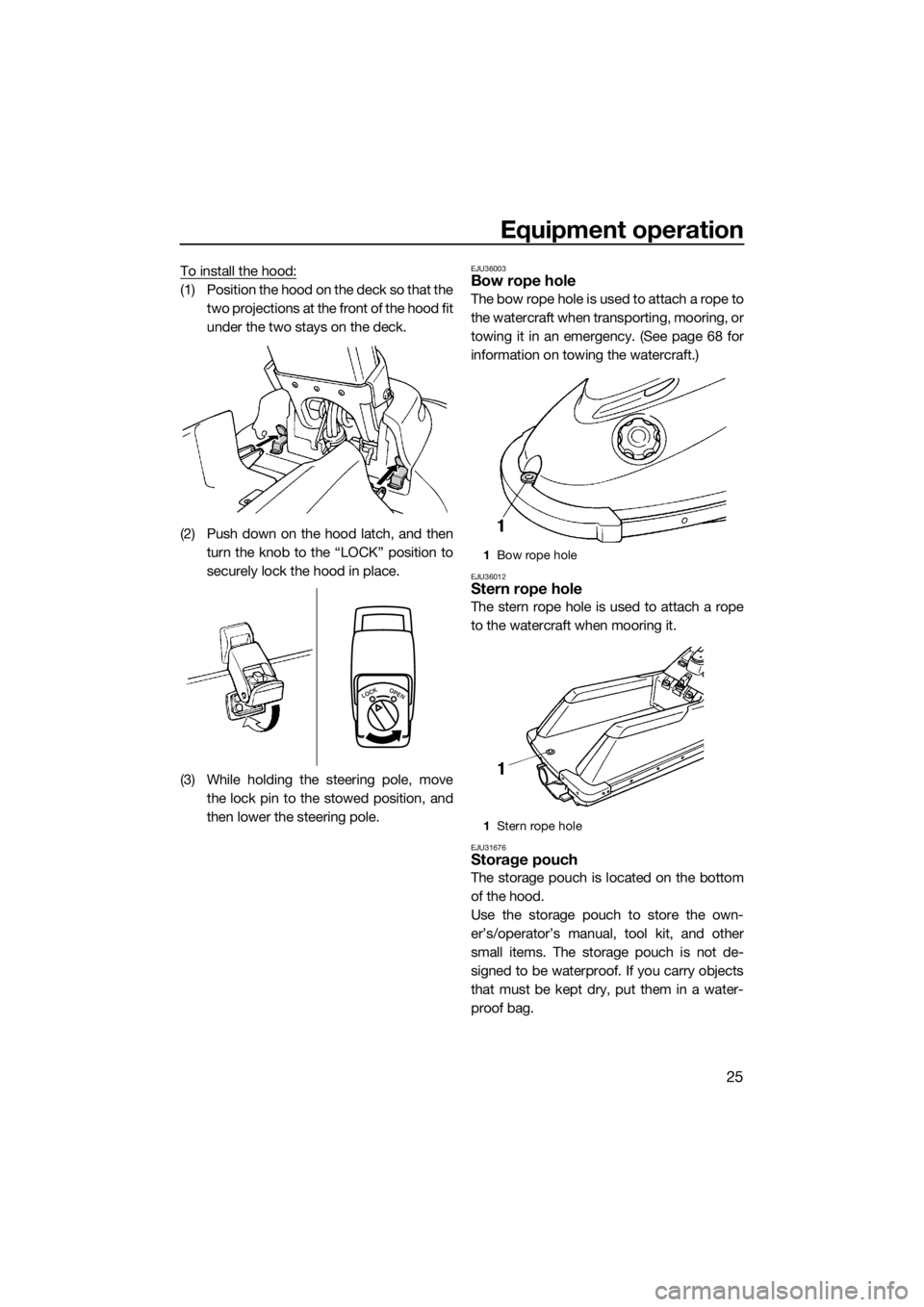 YAMAHA SUPERJET 2017 Owners Guide Equipment operation
25
To install the hood:
(1) Position the hood on the deck so that the
two projections at the front of the hood fit
under the two stays on the deck.
(2) Push down on the hood latch,