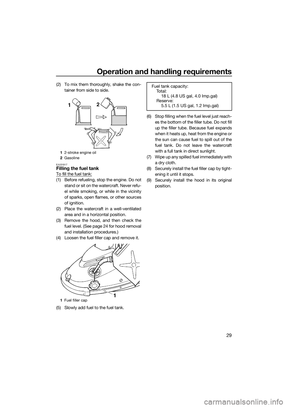 YAMAHA SUPERJET 2017  Owners Manual Operation and handling requirements
29
(2) To mix them thoroughly, shake the con-
tainer from side to side.
EJU31917Filling the fuel tank
To fill the fuel tank:
(1) Before refueling, stop the engine. 