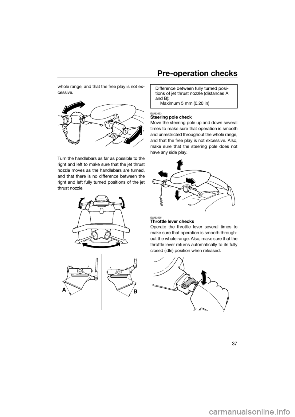 YAMAHA SUPERJET 2017 Service Manual Pre-operation checks
37
whole range, and that the free play is not ex-
cessive.
Turn the handlebars as far as possible to the
right and left to make sure that the jet thrust
nozzle moves as the handle