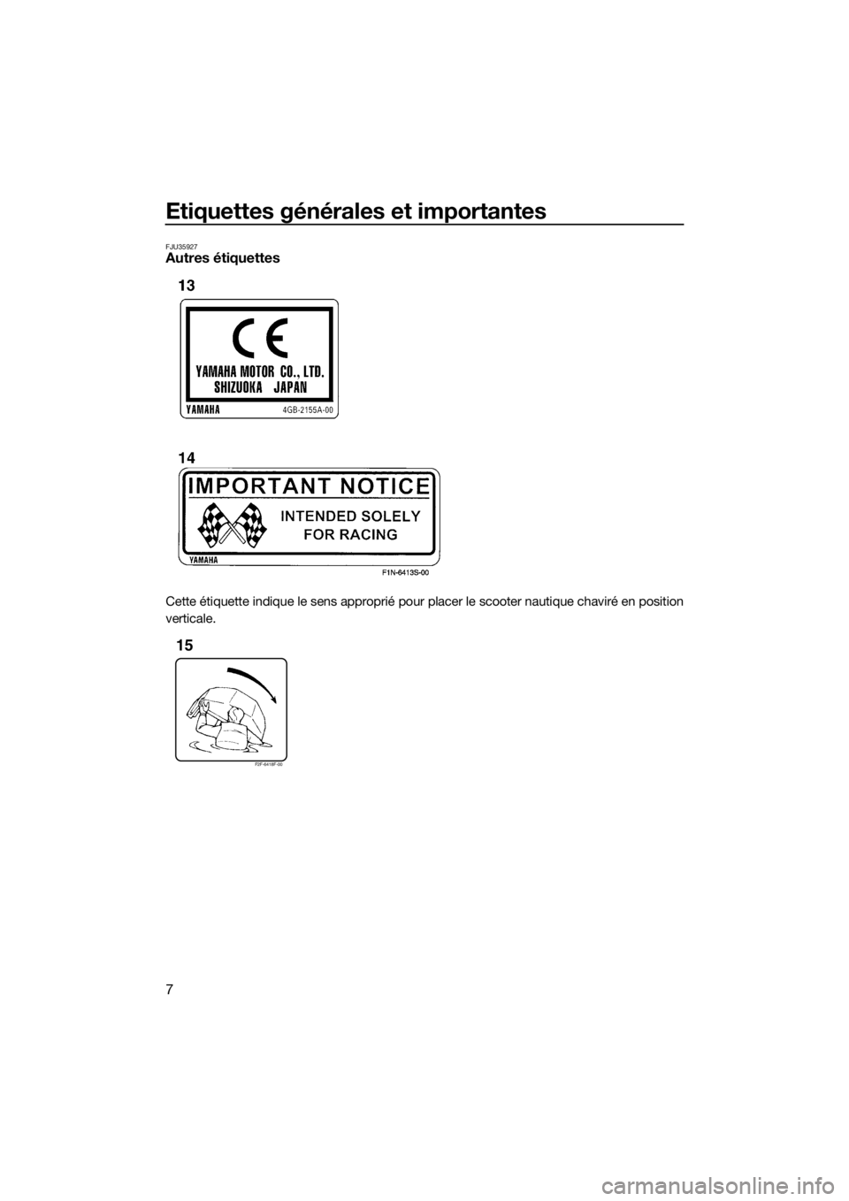 YAMAHA SUPERJET 2017 Notices Demploi (in French) Etiquettes générales et importantes
7
FJU35927Autres étiquettes
Cette étiquette indique le sens approprié pour placer le scooter nautique chaviré en position
verticale.
F2F-6418F-00
15
UF4D73F0. YAMAHA SUPERJET 2017 Notices Demploi (in French) Etiquettes générales et importantes
7
FJU35927Autres étiquettes
Cette étiquette indique le sens approprié pour placer le scooter nautique chaviré en position
verticale.
F2F-6418F-00
15
UF4D73F0.