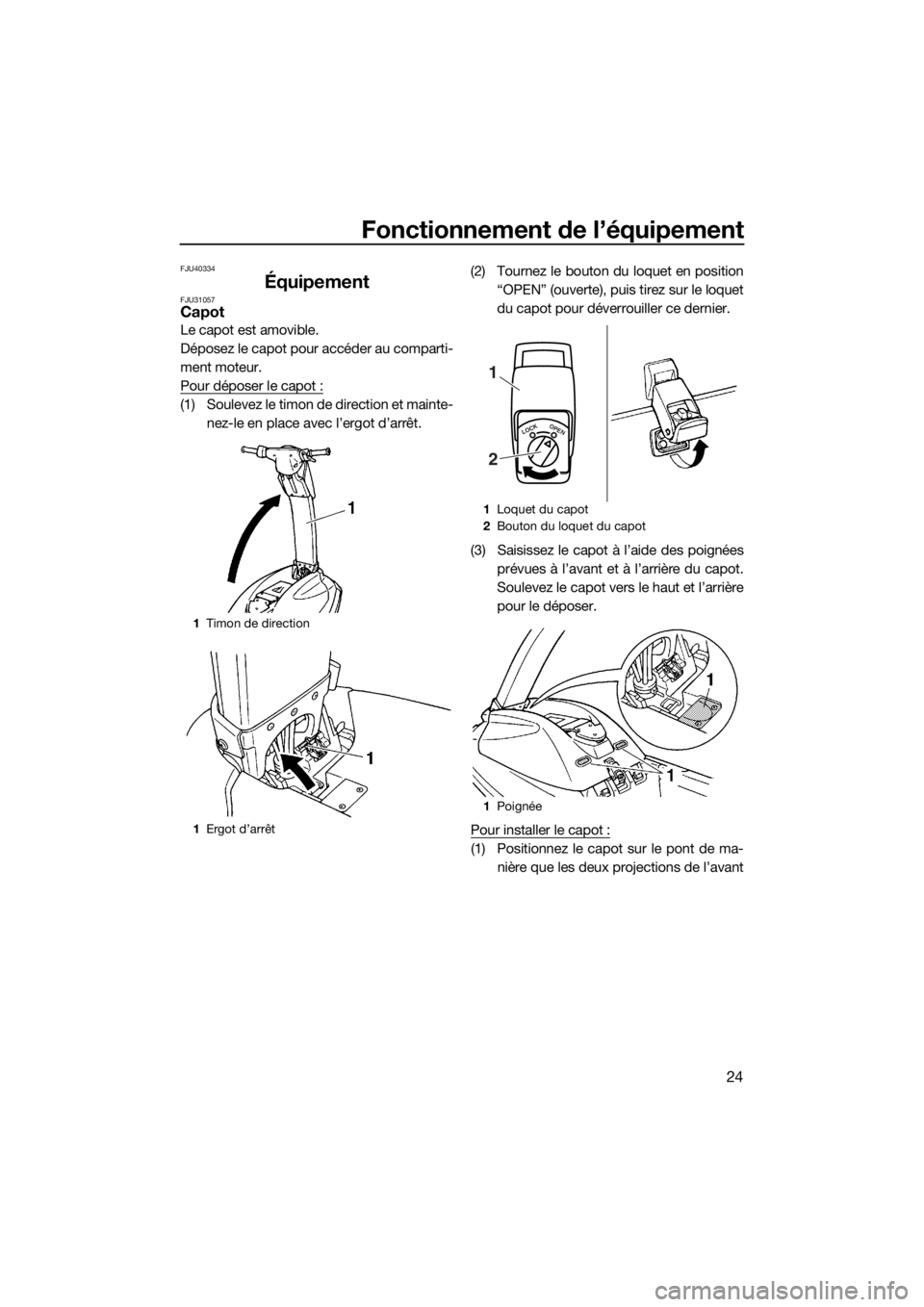YAMAHA SUPERJET 2017  Notices Demploi (in French) Fonctionnement de l’équipement
24
FJU40334
ÉquipementFJU31057Capot
Le capot est amovible.
Déposez le capot pour accéder au comparti-
ment moteur.
Pour déposer le capot :
(1) Soulevez le timon d