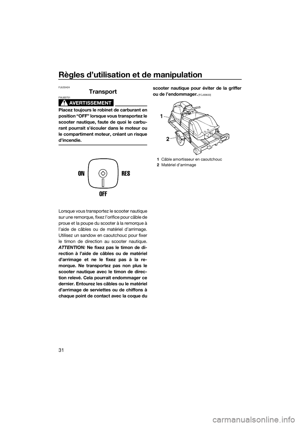 YAMAHA SUPERJET 2017  Notices Demploi (in French) Règles d’utilisation et de manipulation
31
FJU33424
Transport
AVERTISSEMENT
FWJ00751
Placez toujours le robinet de carburant en
position “OFF” lorsque vous transportez le
scooter nautique, faut