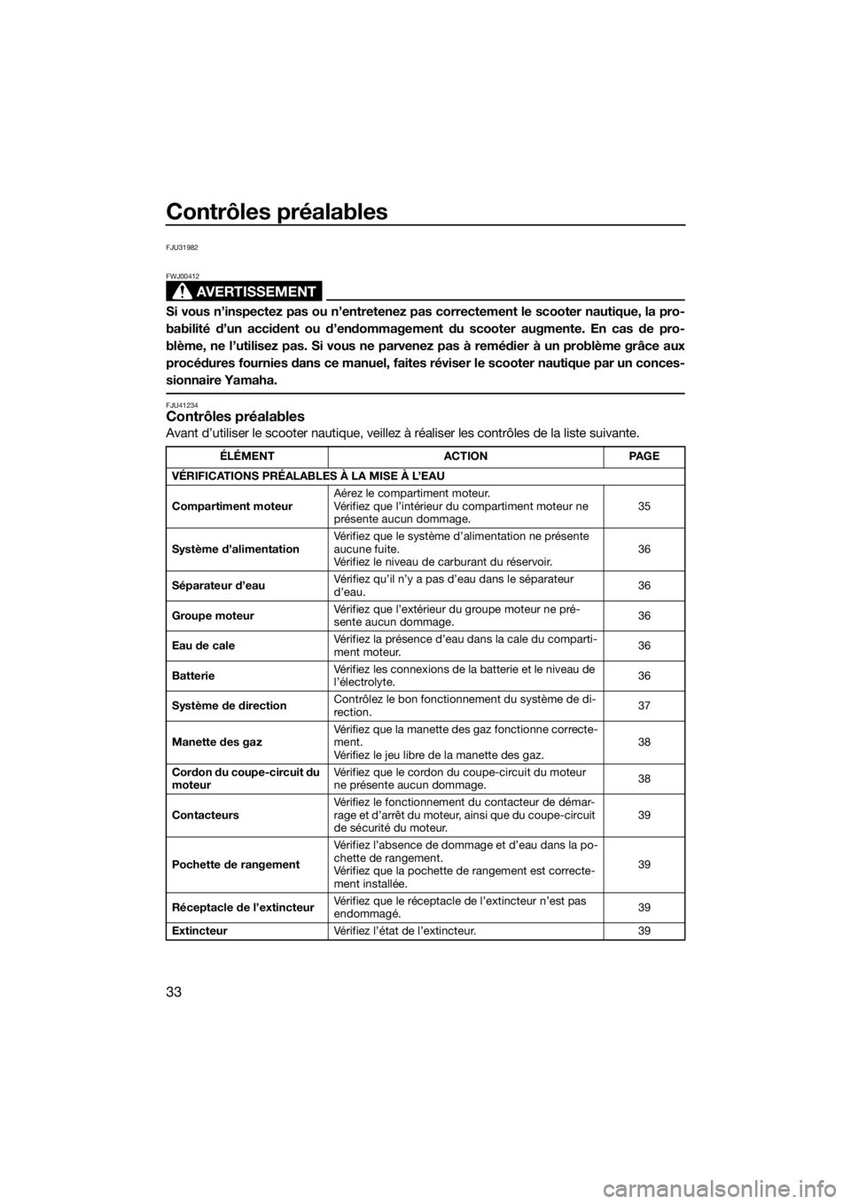 YAMAHA SUPERJET 2017  Notices Demploi (in French) Contrôles préalables
33
FJU31982
AVERTISSEMENT
FWJ00412
Si vous n’inspectez pas ou n’entretenez pas correctement le scooter nautique, la pro-
babilité d’un accident ou d’endommagement du sc