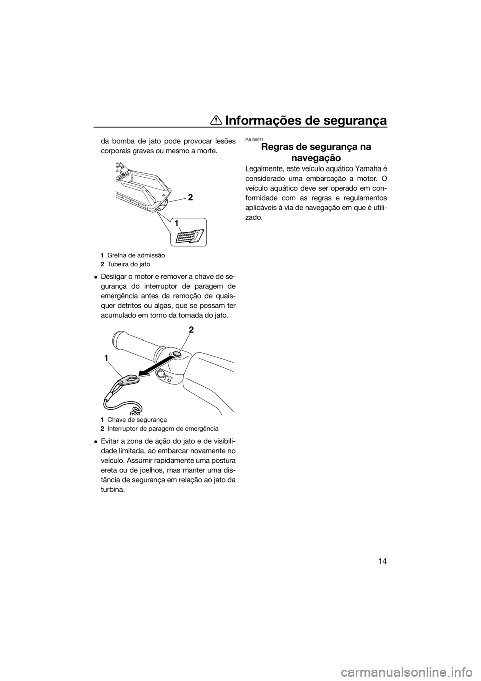 YAMAHA SUPERJET 2017  Manual de utilização (in Portuguese) Informações de segurança
14
da bomba de jato pode provocar lesões
corporais graves ou mesmo a morte.
Desligar o motor e remover a chave de se-
gurança do interruptor de paragem de
emergência 