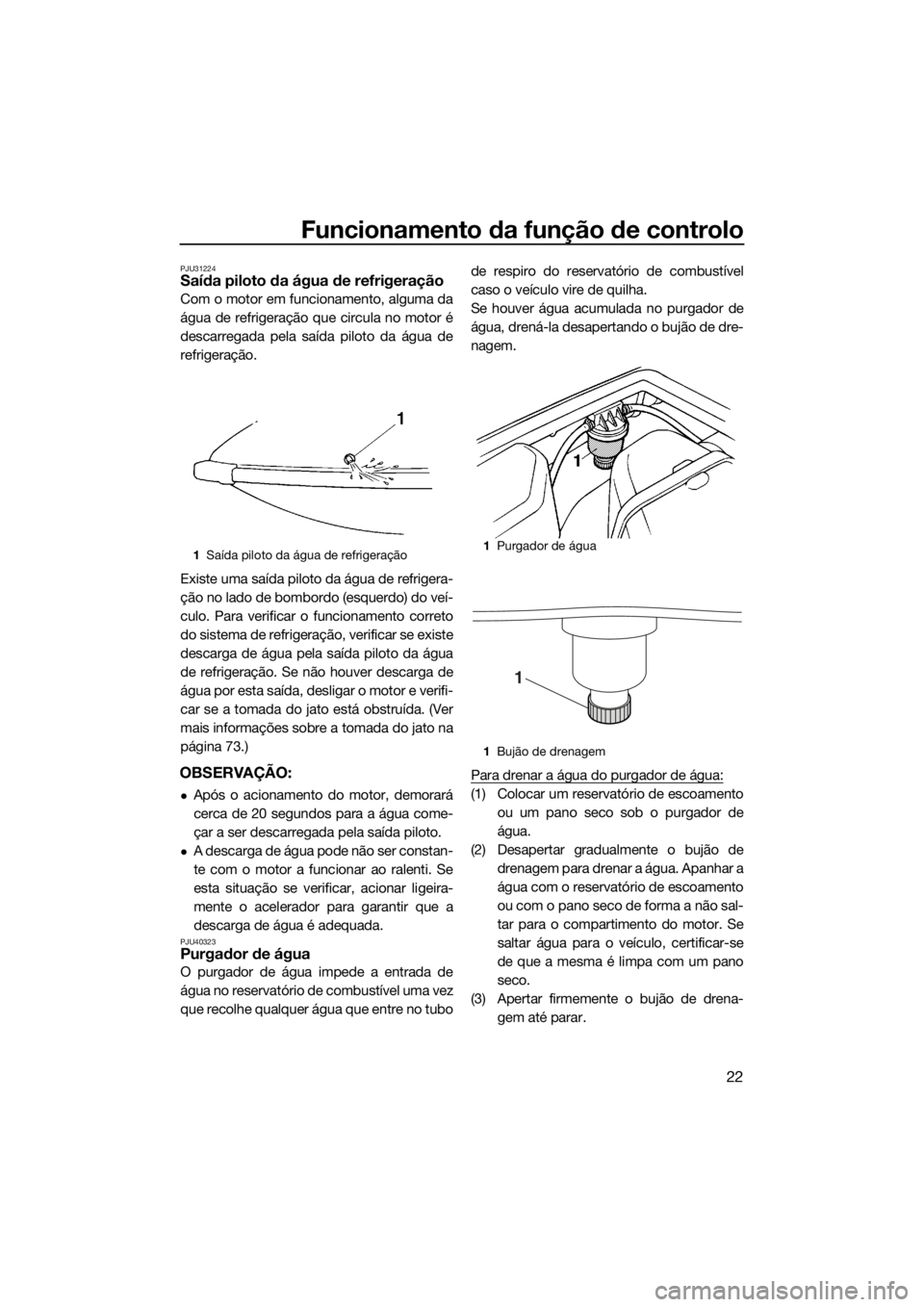 YAMAHA SUPERJET 2017  Manual de utilização (in Portuguese) Funcionamento da função de controlo
22
PJU31224Saída piloto da água de refrigeração
Com o motor em funcionamento, alguma da
água de refrigeração que circula no motor é
descarregada pela saí