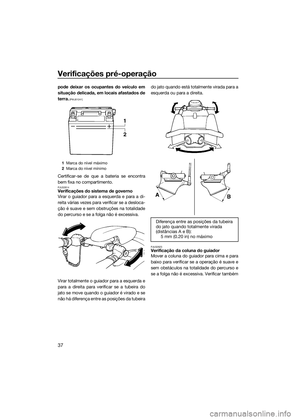 YAMAHA SUPERJET 2017  Manual de utilização (in Portuguese) Verificações pré-operação
37
pode deixar os ocupantes do veículo em
situação delicada, em locais afastados de
terra.
 [PWJ01241]
Certificar-se de que a bateria se encontra
bem fixa no comparti