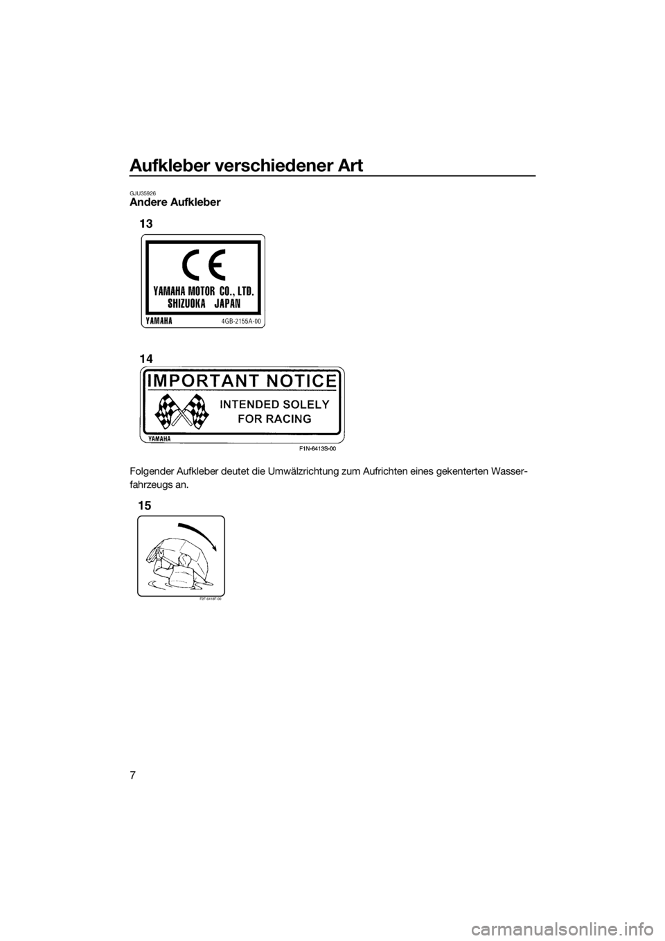 YAMAHA SUPERJET 2016  Betriebsanleitungen (in German) Aufkleber verschiedener Art
7
GJU35926Andere Aufkleber
Folgender Aufkleber deutet die Umwälzrichtung zum Aufrichten eines gekenterten Wasser-
fahrzeugs an.
F2F-6418F-00
15
UF4D71G0.book  Page 7  Thur