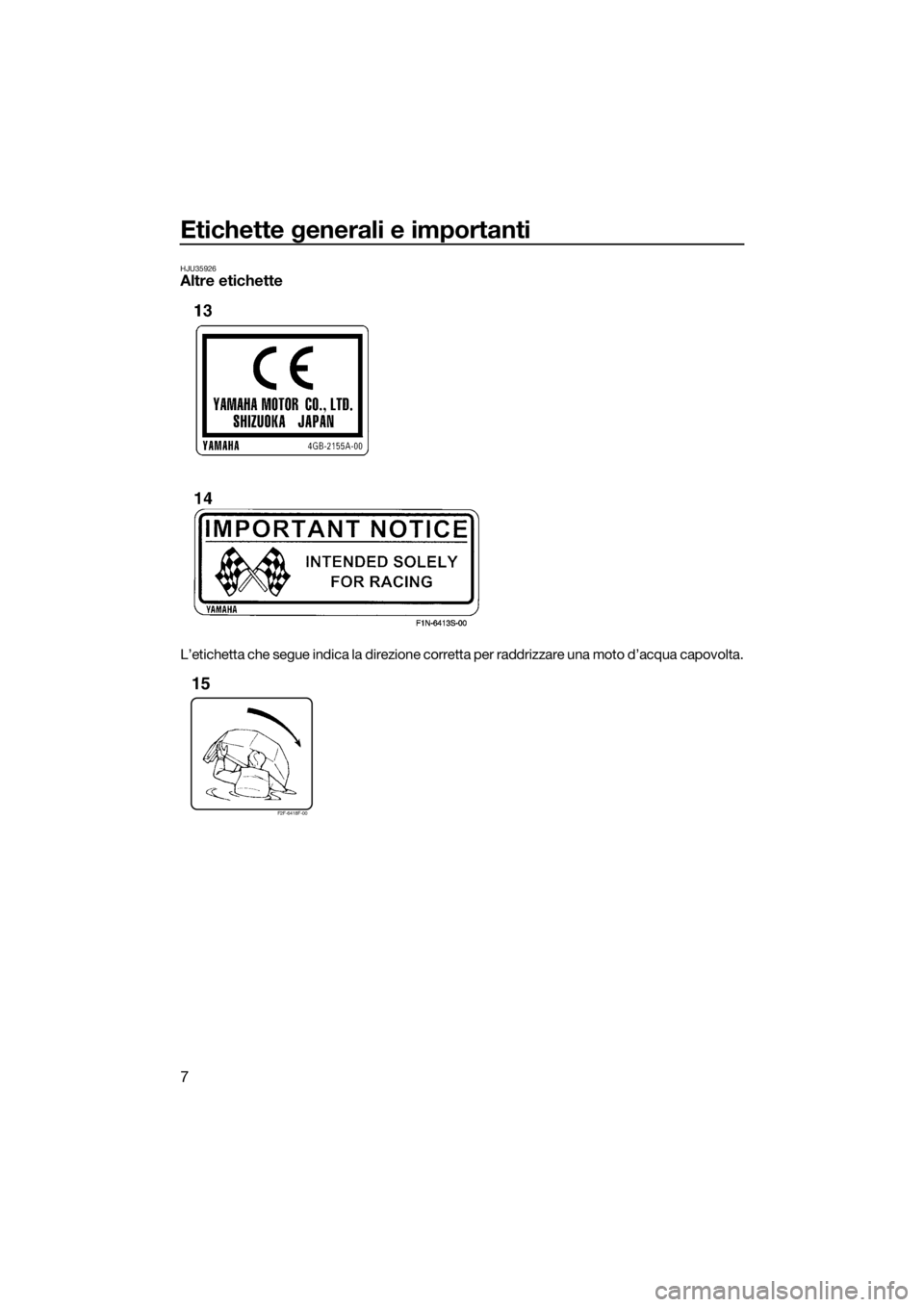 YAMAHA SUPERJET 2016  Manuale duso (in Italian) Etichette generali e importanti
7
HJU35926Altre etichette
L’etichetta che segue indica la direzione corretta per raddrizzare una moto d’acqua capovolta.
F2F-6418F-00
15
UF4D71H0.book  Page 7  Tues