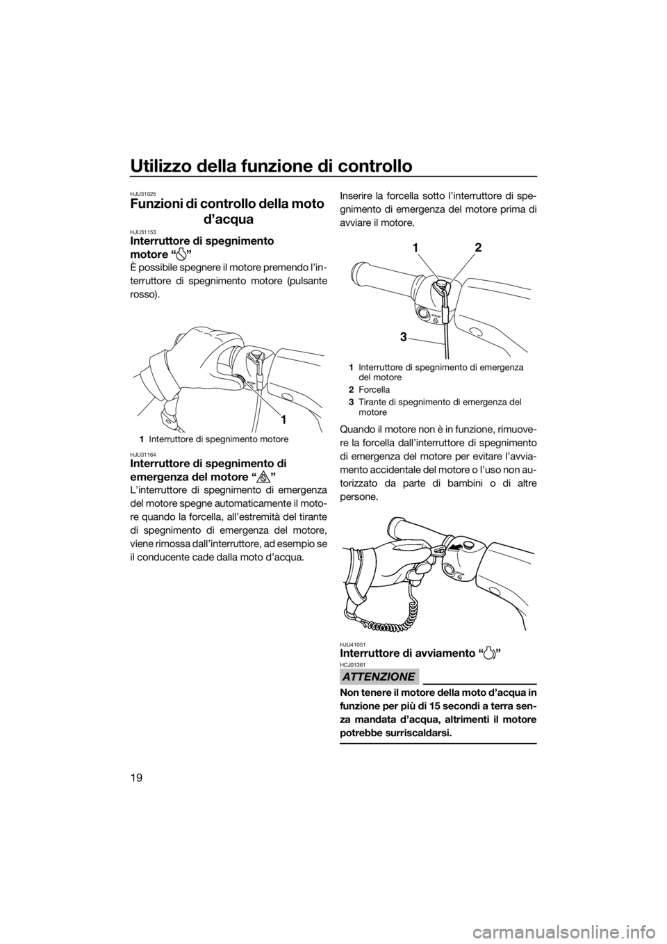 YAMAHA SUPERJET 2016  Manuale duso (in Italian) Utilizzo della funzione di controllo
19
HJU31025
Funzioni di controllo della moto 
d’acqua
HJU31153Interruttore di spegnimento 
motore “ ”
È possibile spegnere il motore premendo l’in-
terrut