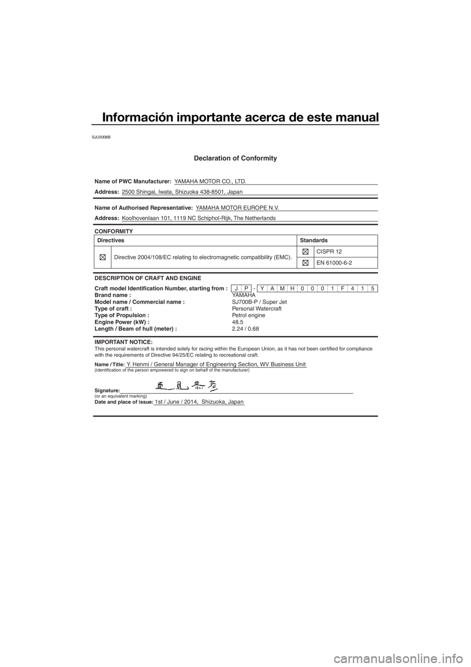 YAMAHA SUPERJET 2015  Manuale de Empleo (in Spanish) Información importante acerca de este manual
SJU3008B
Declaration of Conformity
Name of PWC Manufacturer:YAMAHA MOTOR CO., LTD.
Name / Title:Y. Henmi / General Manager of Engineering Section, WV Busi